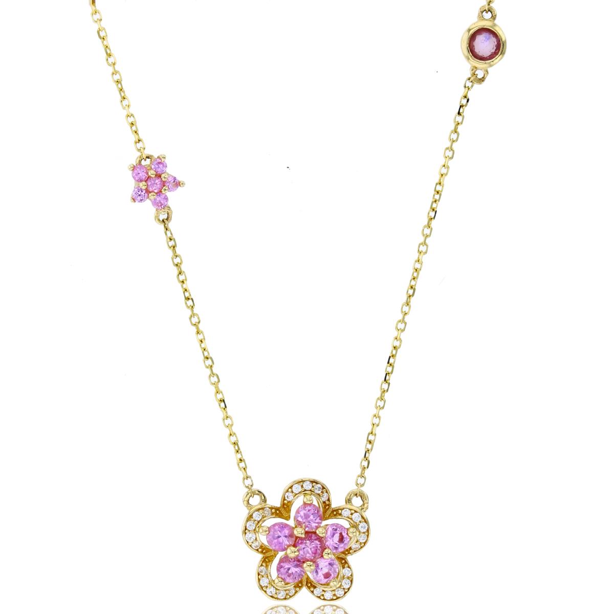 14K Yellow Gold  0.075 Cttw Diamond & Rd Pink Sapphire Flower 18" Necklace