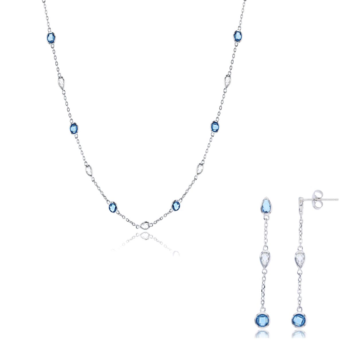 Sterling Silver Rhodium PS & Rnd White & #119 Blue CZ Bezel Station 18" Necklace & Dangling Earring Set