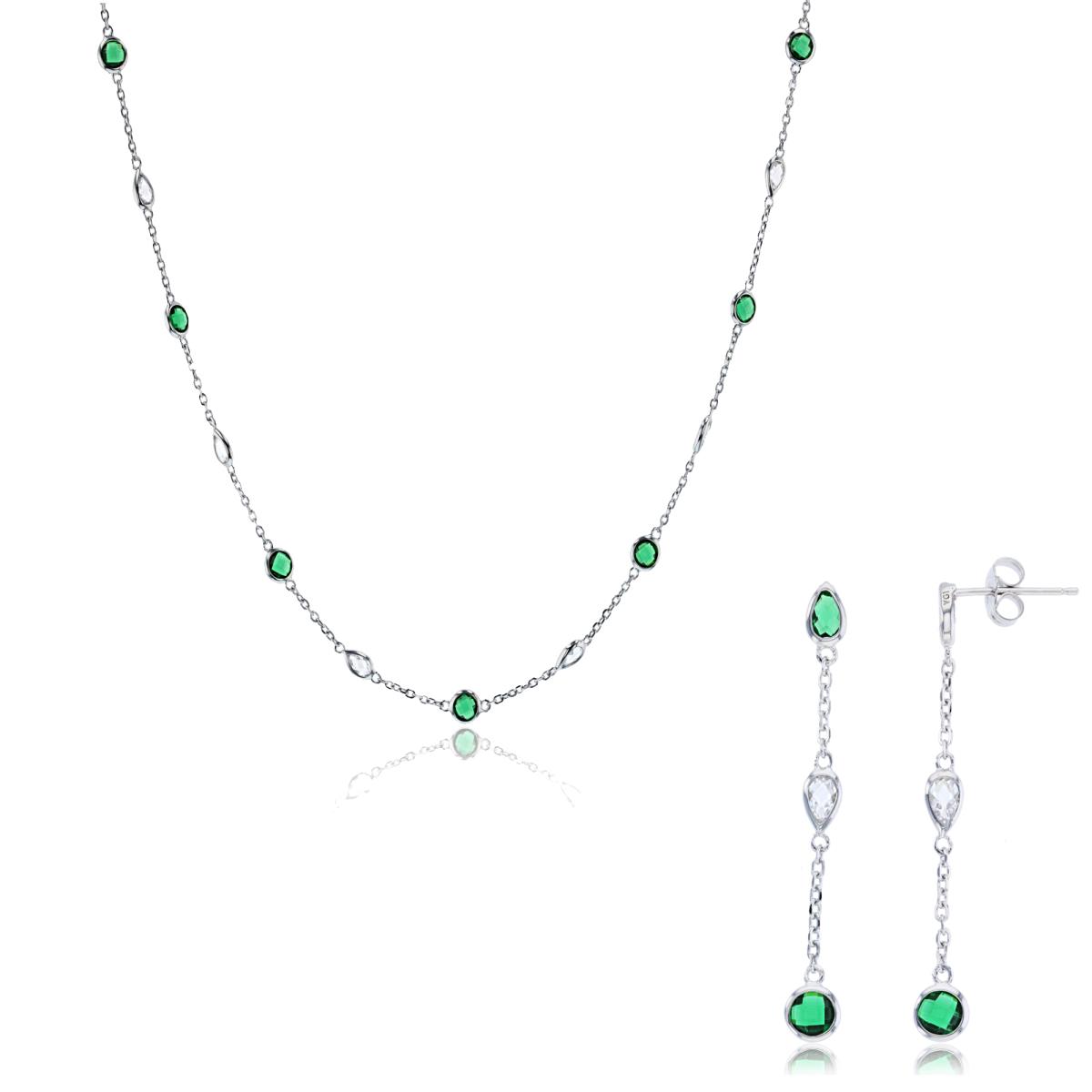 Sterling Silver Rhodium PS & Rnd White & Emerald CZ Bezel Station 18" Necklace & Dangling Earring Set
