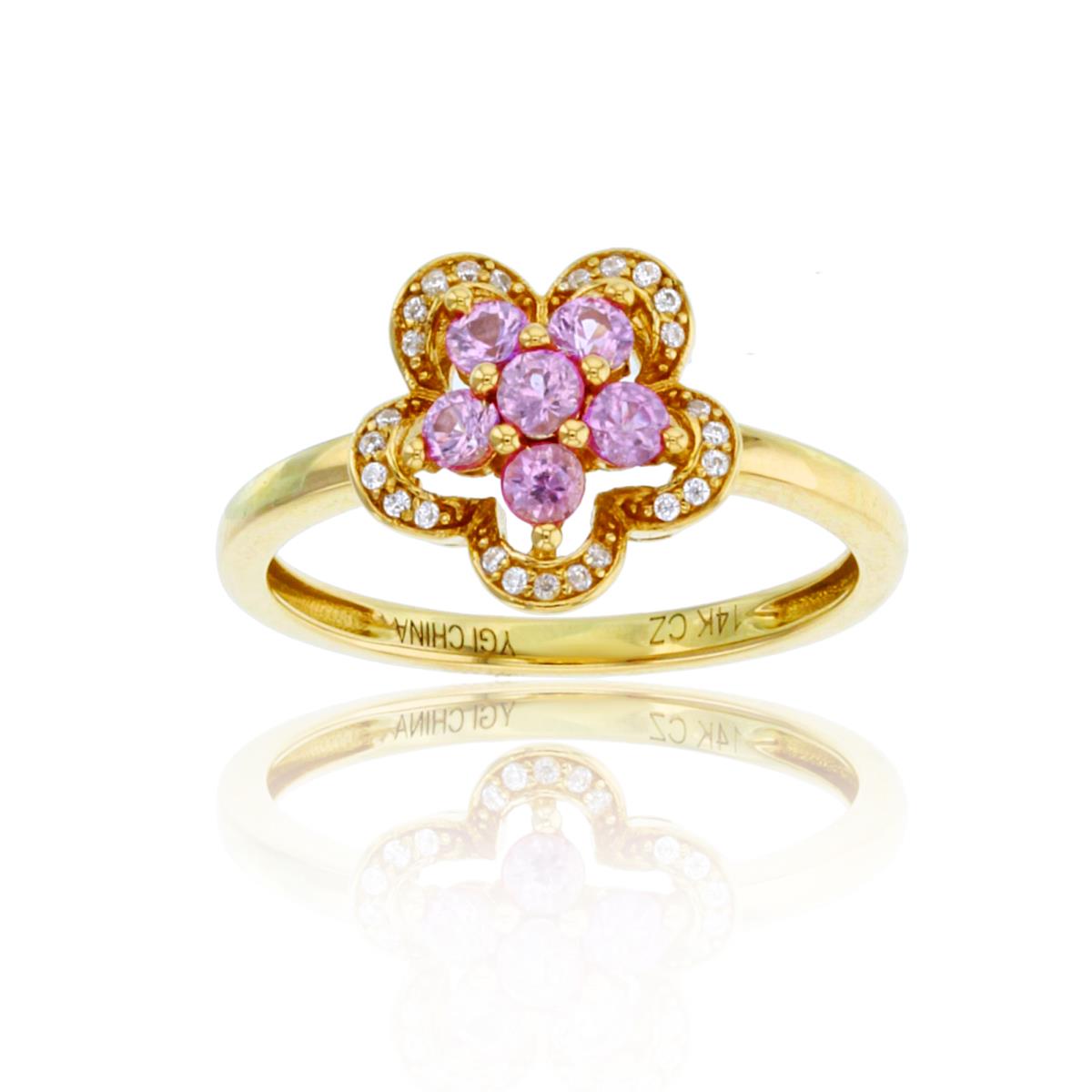 14K Yellow Gold 2.5mm Rd Pink Sapphire& Rd CZ Flower Ring