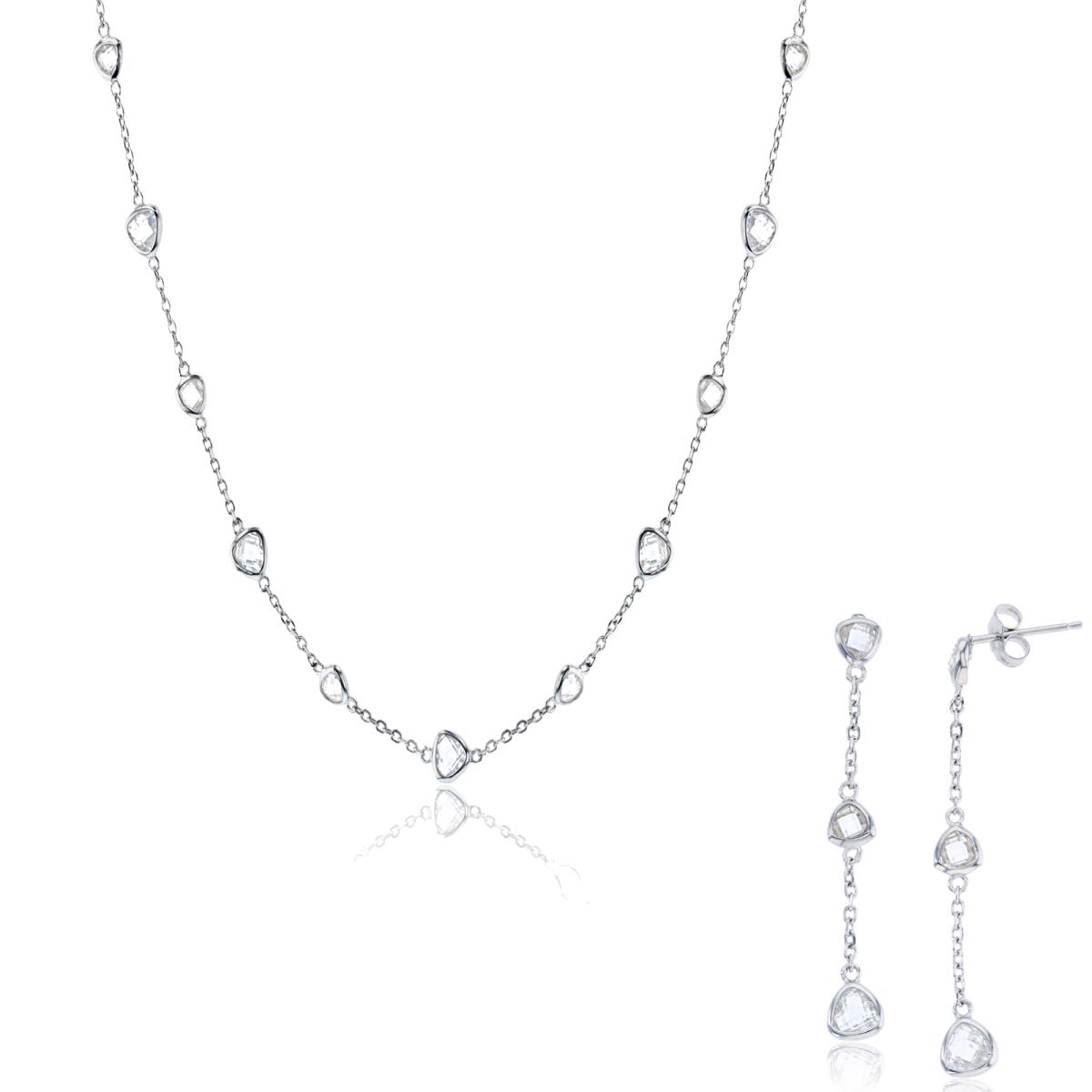 Sterling Silver Rhodium Trill White CZ Bezel Station 18" Necklace & Dangling Earring Set