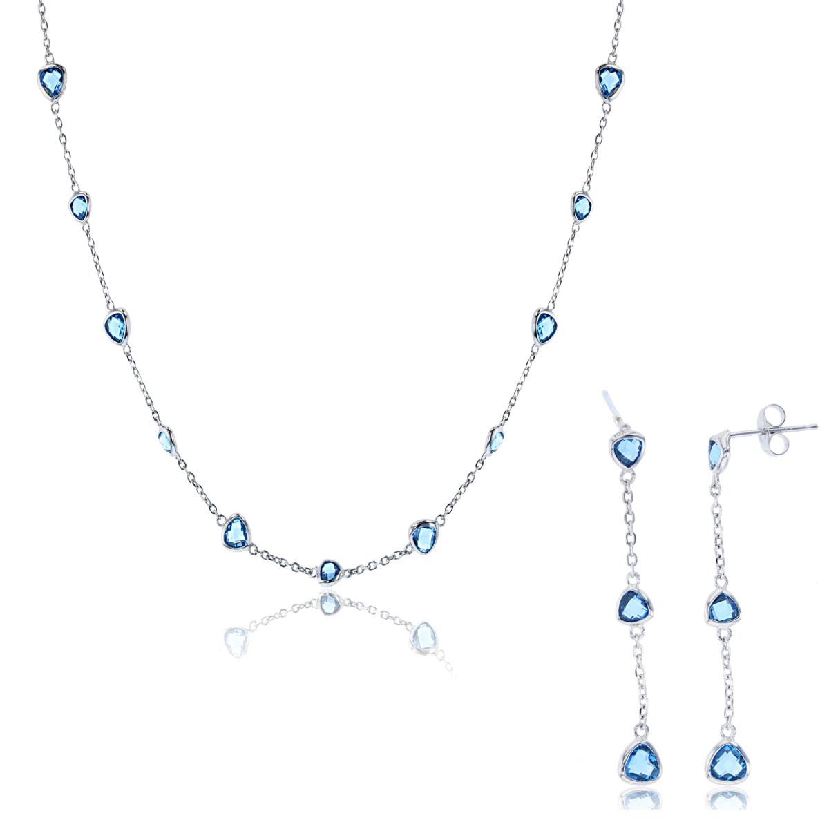 Sterling Silver Rhodium Trill #119 Blue CZ Bezel Station 18" Necklace & Dangling Earring Set