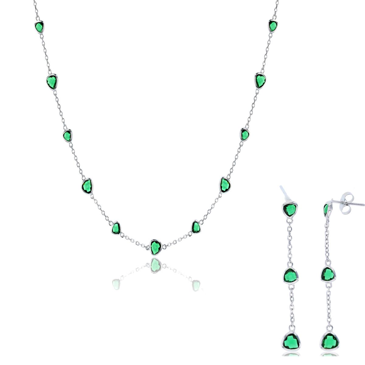 Sterling Silver Rhodium Trill Emerald CZ Bezel Station 18" Necklace & Dangling Earring Set