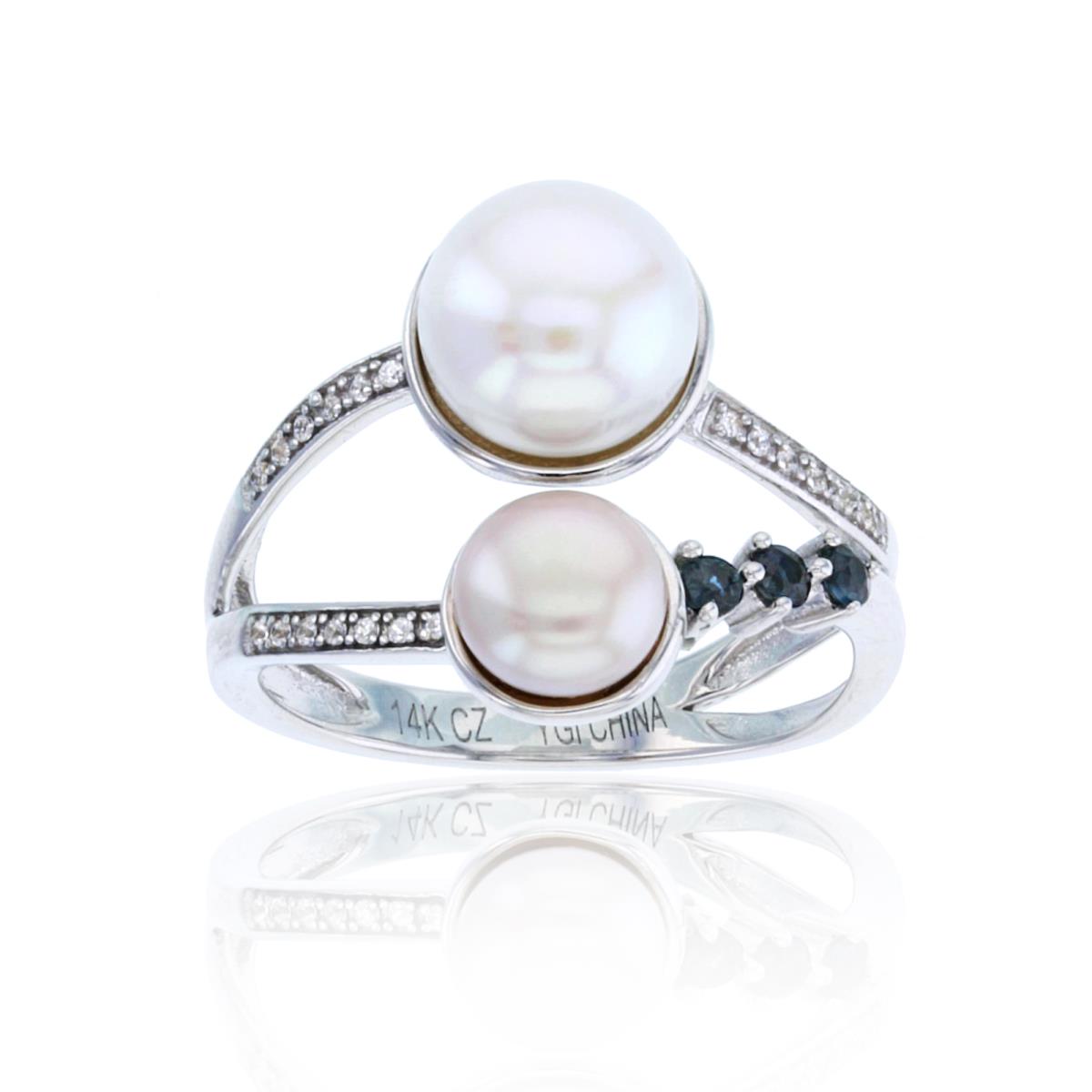 14K White Gold  6,8 mm Bt Pearl & Rd CZ , Sapphire  Ring