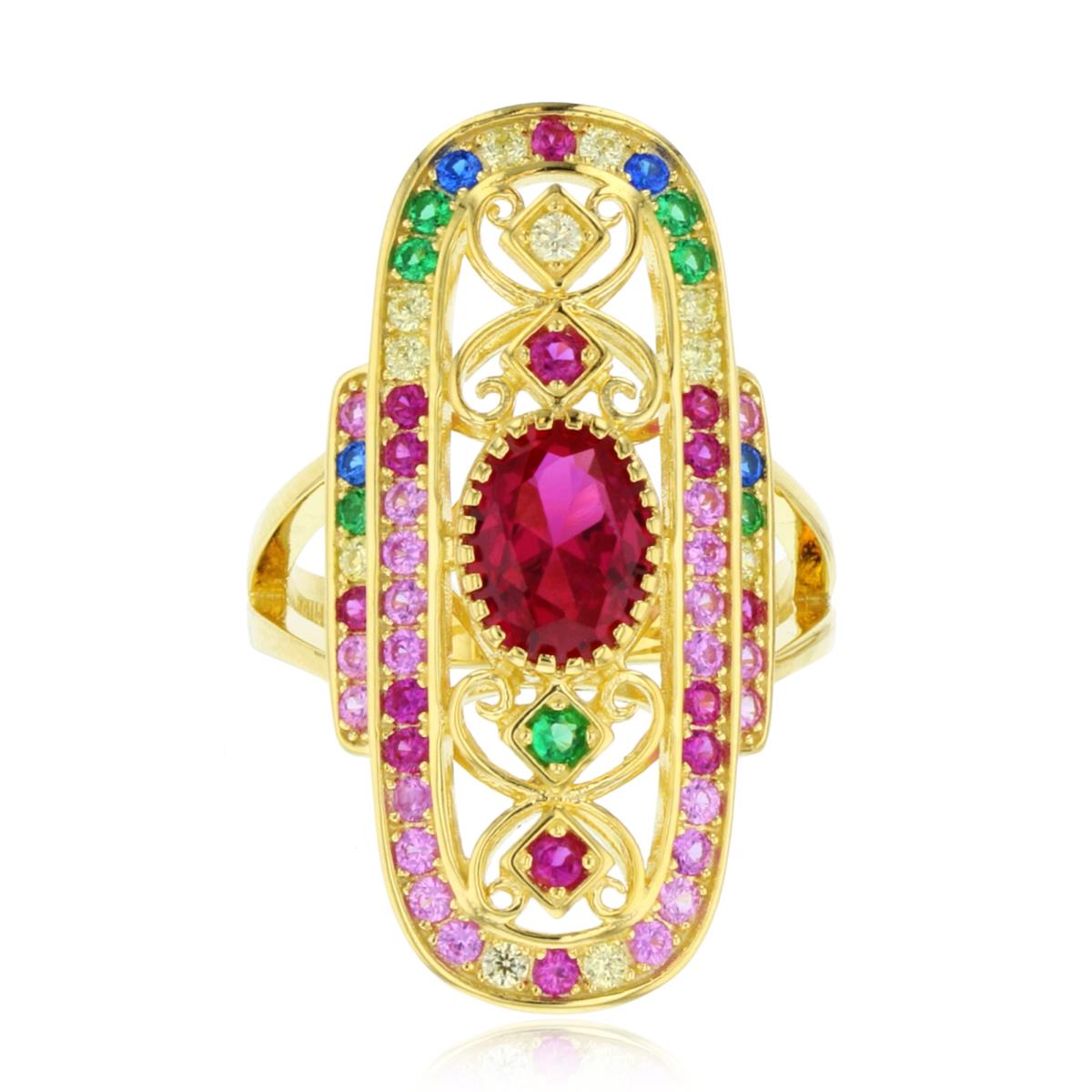 Sterling Silver Yellow 1-Micron Bezel 8x6mm Ov #5 Ruby CZ & Rnd Multicolor CZ Vintage Ornament Oval Ring