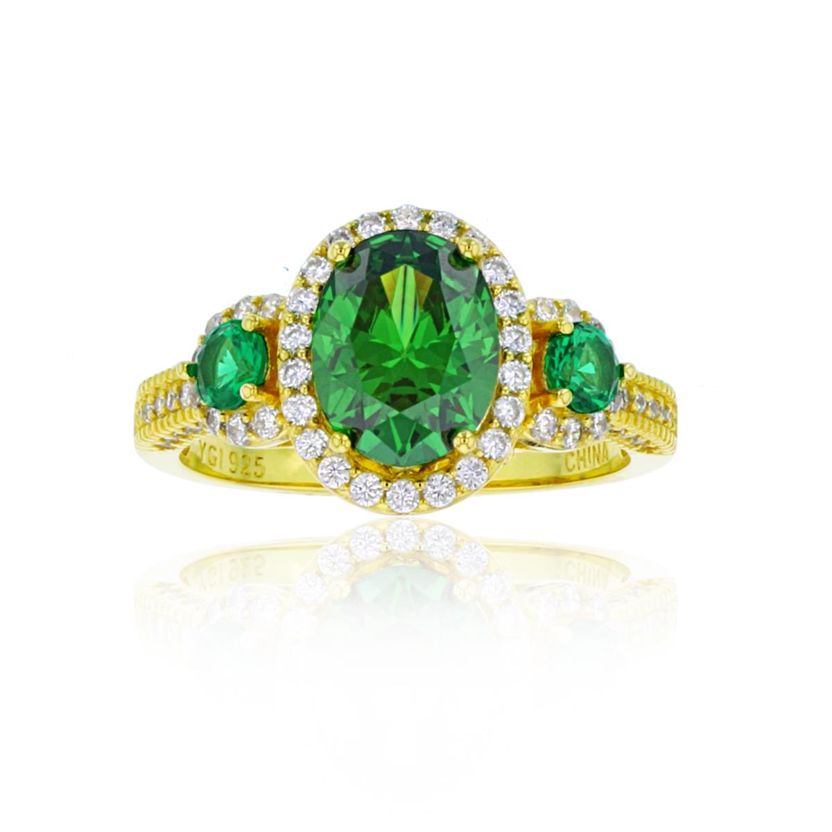 Sterling Silver Yellow 1-Micron 9x7mm Emerald CZ Center & Rnd White/Emerald CZ Halo Ring