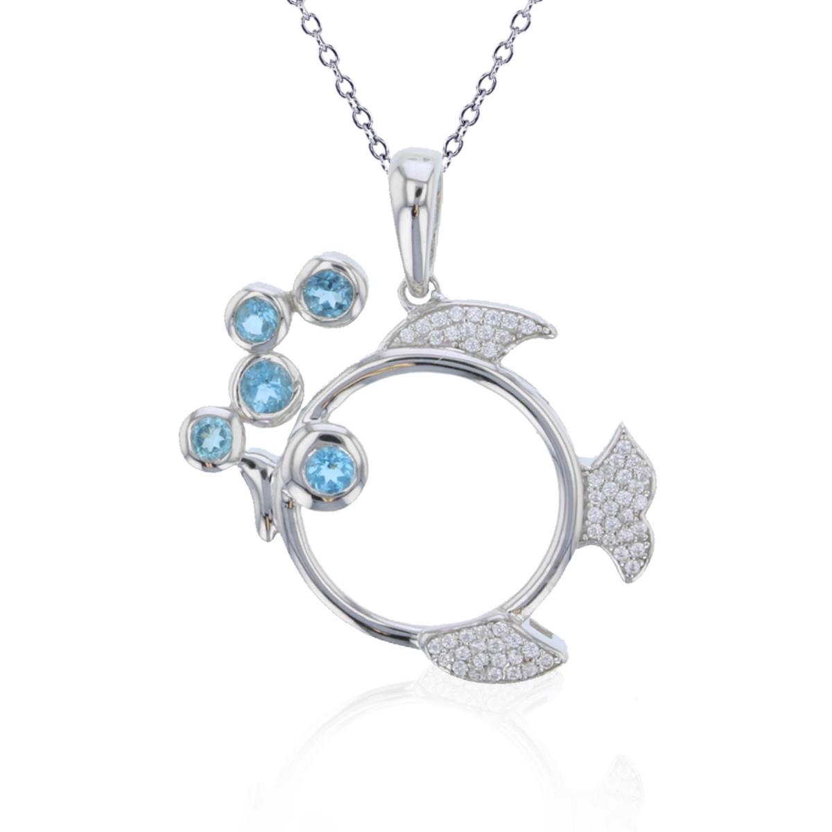 Sterling Silver Rhodium Rd CZ & Rd Swiss Blue Topaz Fish 18"Necklace