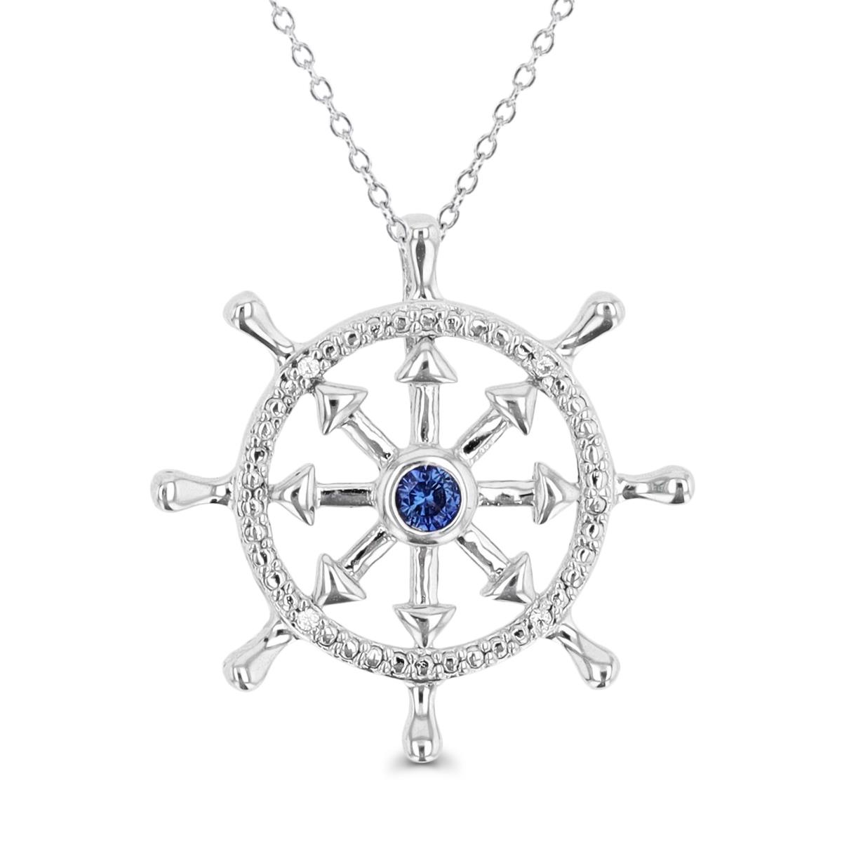 Sterling Silver Rhodium 0.012 CTTW Diamond & Cre. Blue Sapp Shipwheel 18"Necklace