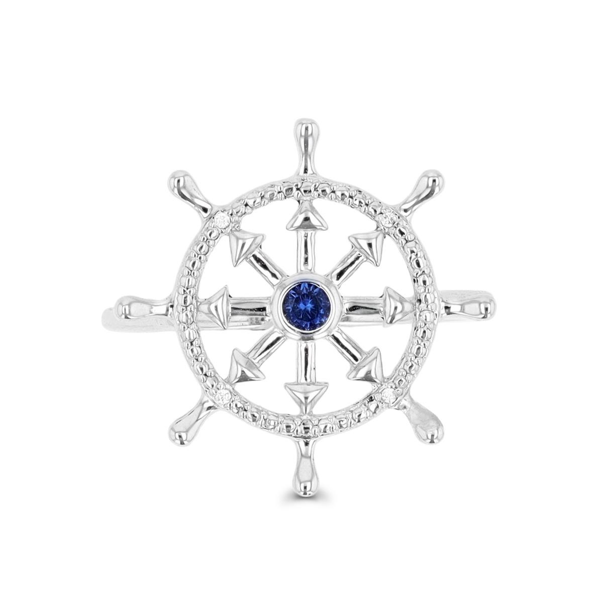 Sterling Silver Rhodium Rd CZ & Rd Created Blue Sapphire ShipWeel Ring
