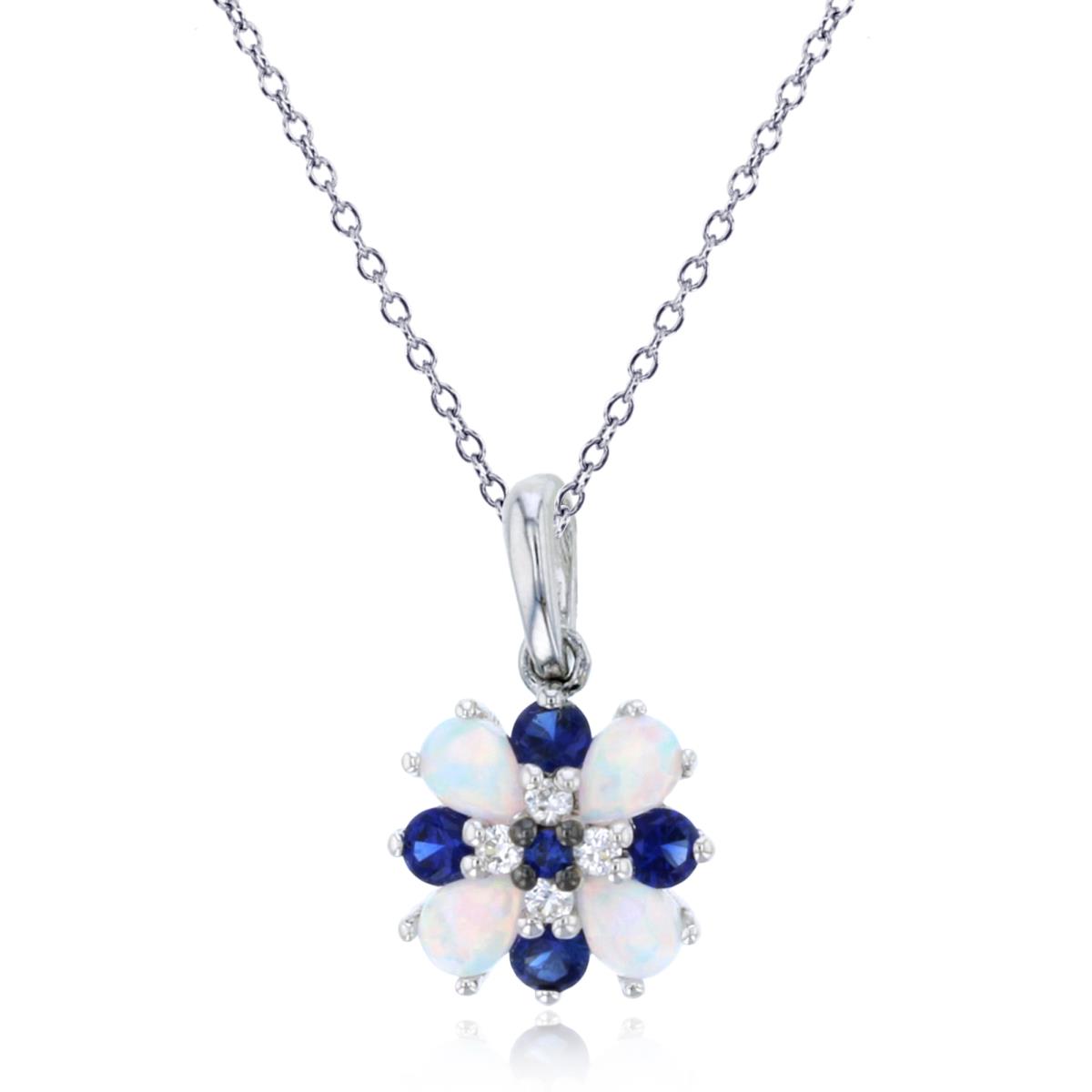 Sterling Silver Rhodium Ps Cr. Opal & Rd Cr. Blue /White Sapphire Flower 18"Necklace