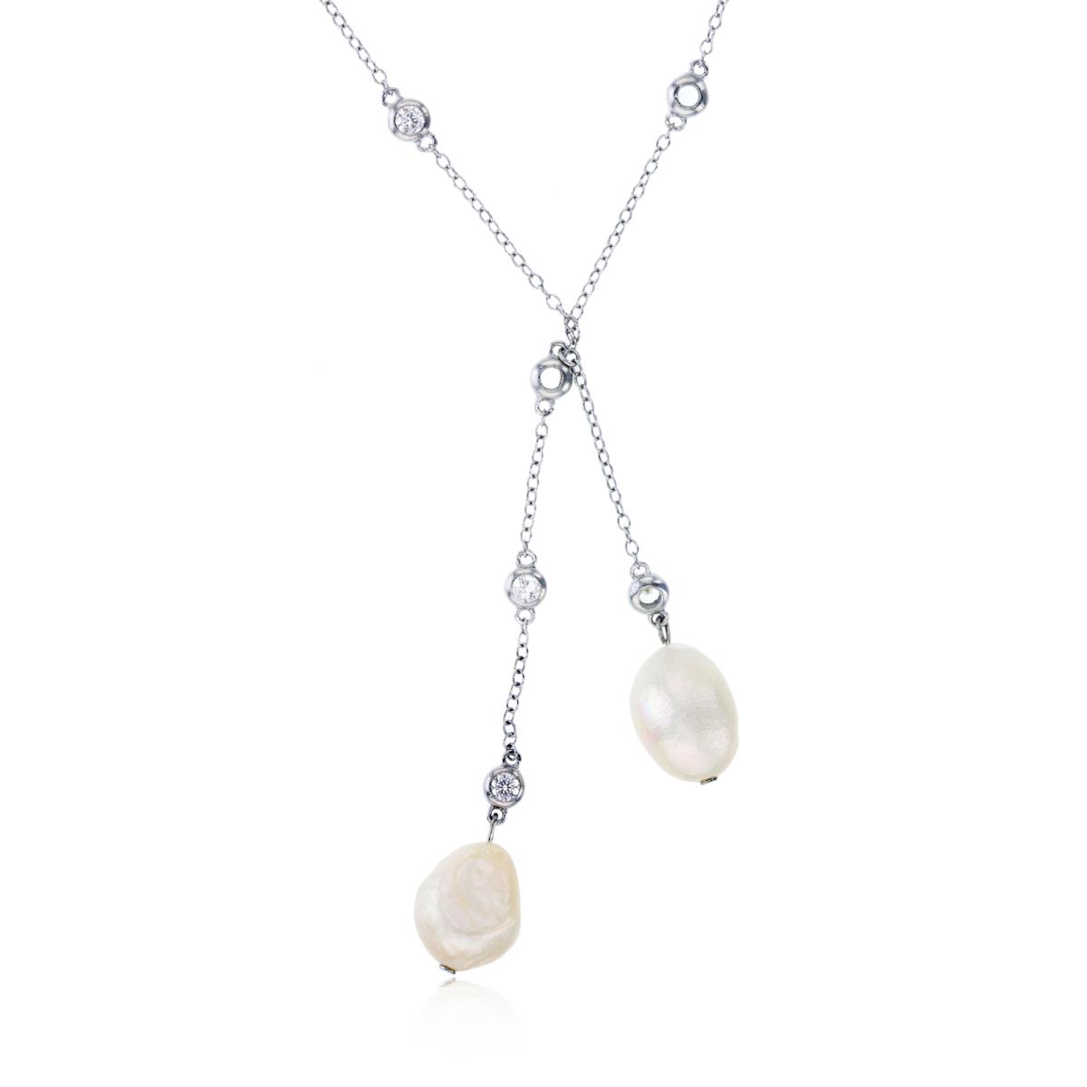 Sterling Silver Rhodium Dangling 11-13mm Fresh Water Pearls & Cr Wh Sapp Station 18"+2" Necklace