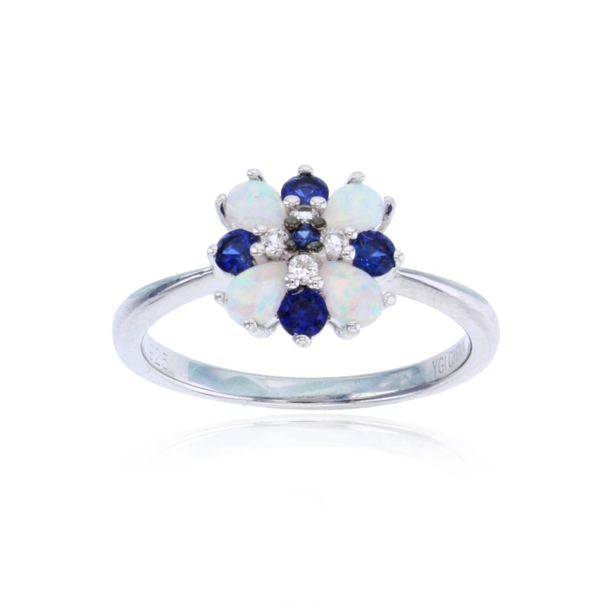 Sterling Silver Rhodium Ps Cr. Opal& Cr. Blue/W Sapp. Flower Ring