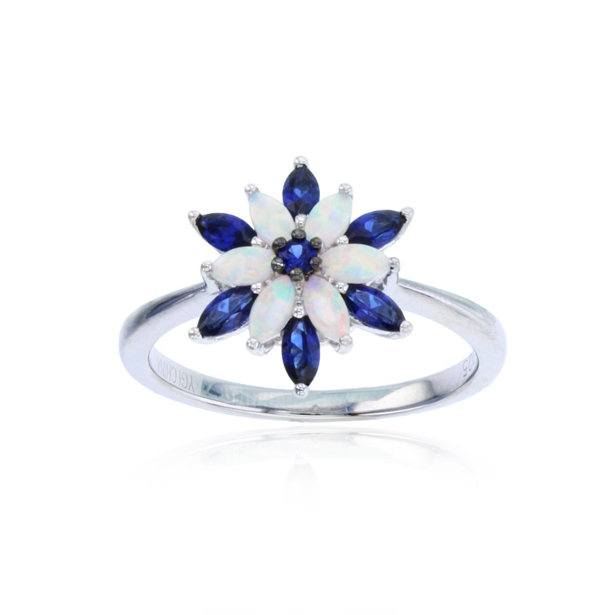 Sterling Silver Rhodium Mq Cr. Opal & Mq,Rd Cr Blue Sapphire Flower Ring
