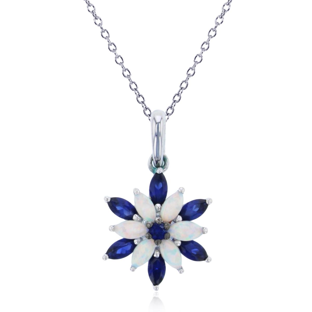 Sterling Silver Rhodium Mq Cr.Opal/ Blue Sapphire & Rd Cr Blue Sapphire  Flower 18"Necklace