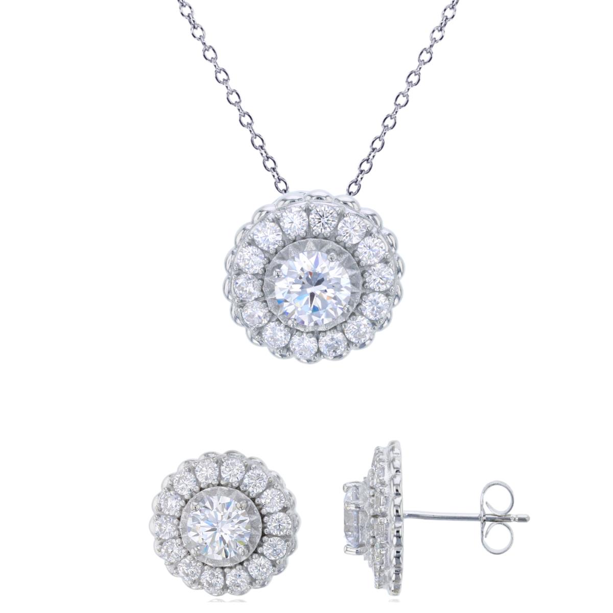 Sterling Silver Rhodium 8mm Rnd Center White CZ Puffy Flower 18" Necklace & Stud Earring Set