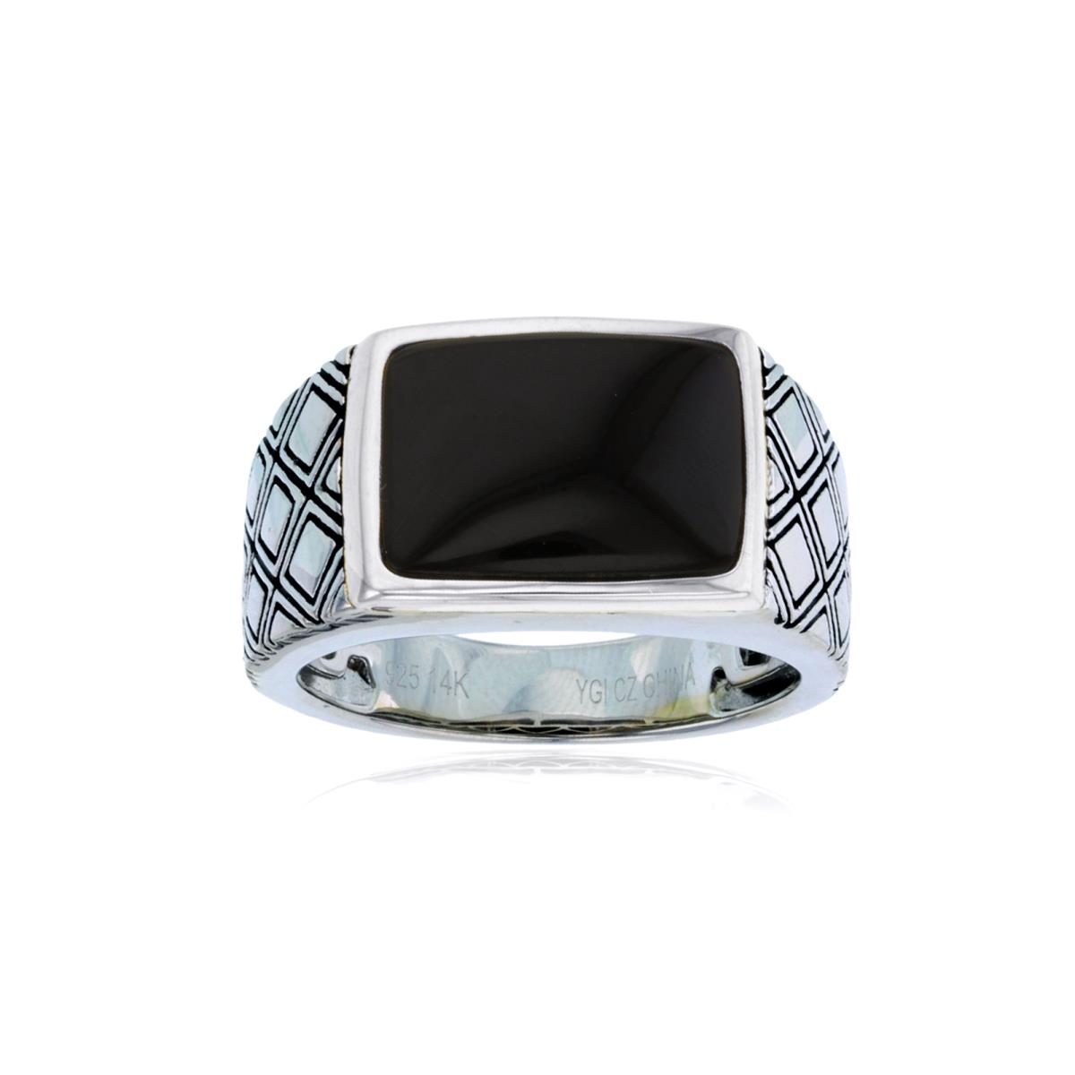 Sterling Silver Rhodium14x10mm Oct Inlay Onyx Textured Men's Ring