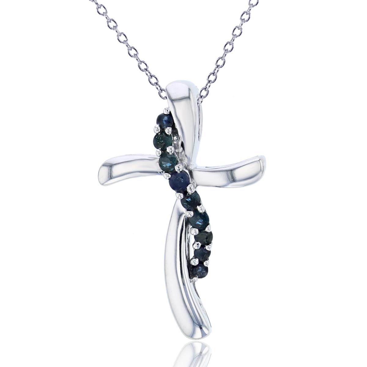 Sterling Silver Rhodium Rnd Created Blue Sapphire Cross 18"Necklace