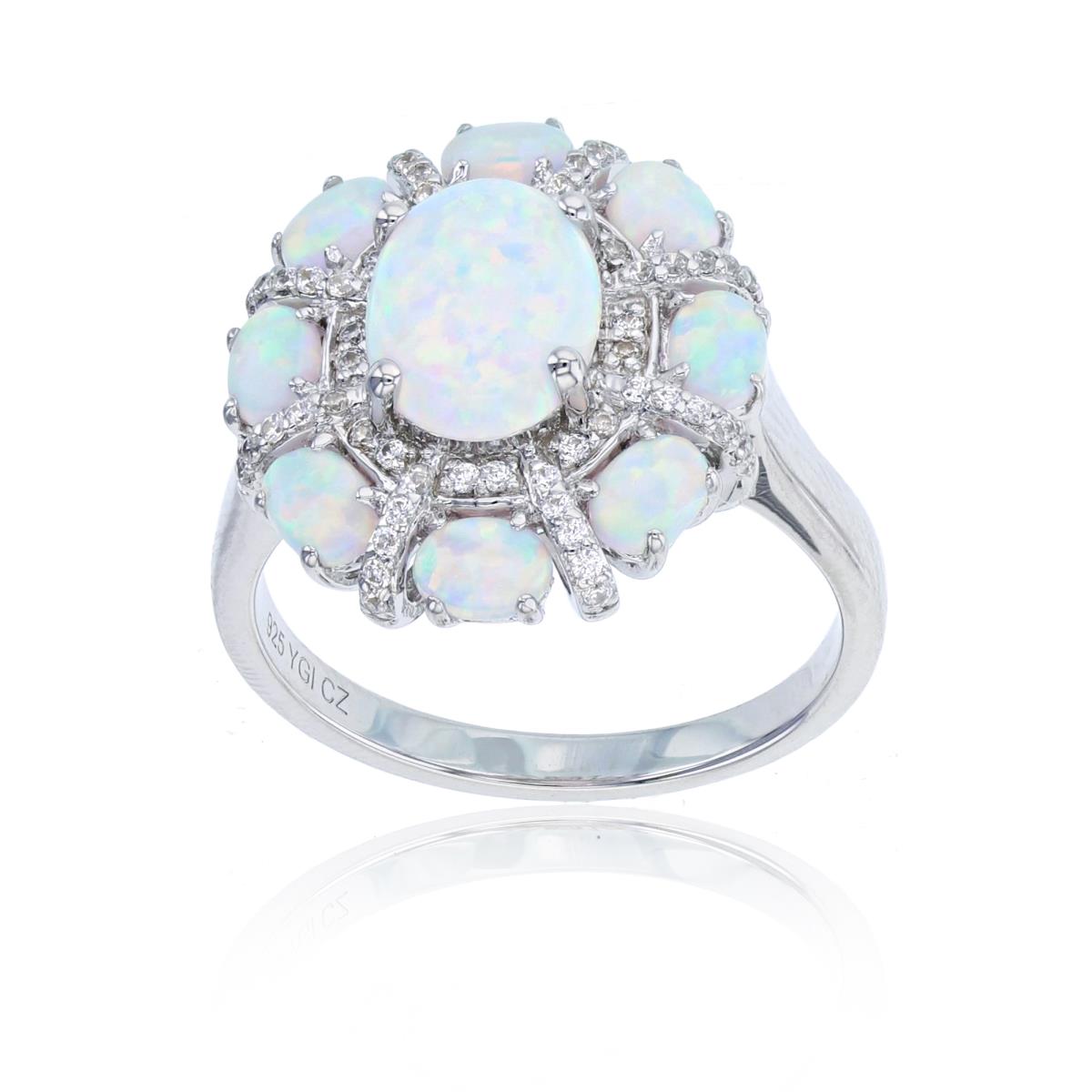Sterling Silver Rhodium Rd Cr.Whhite Sapp & 9X7/4X3mm Oval Cr Opal Flower Ring