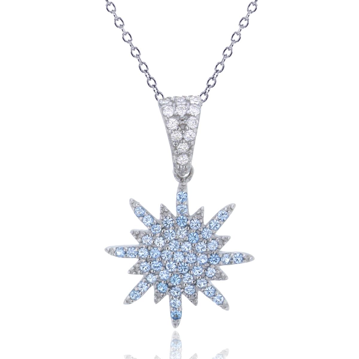 Sterling Silver Rhodium Rnd Light Blue & White CZ Micropave Snowflake 18" Necklace