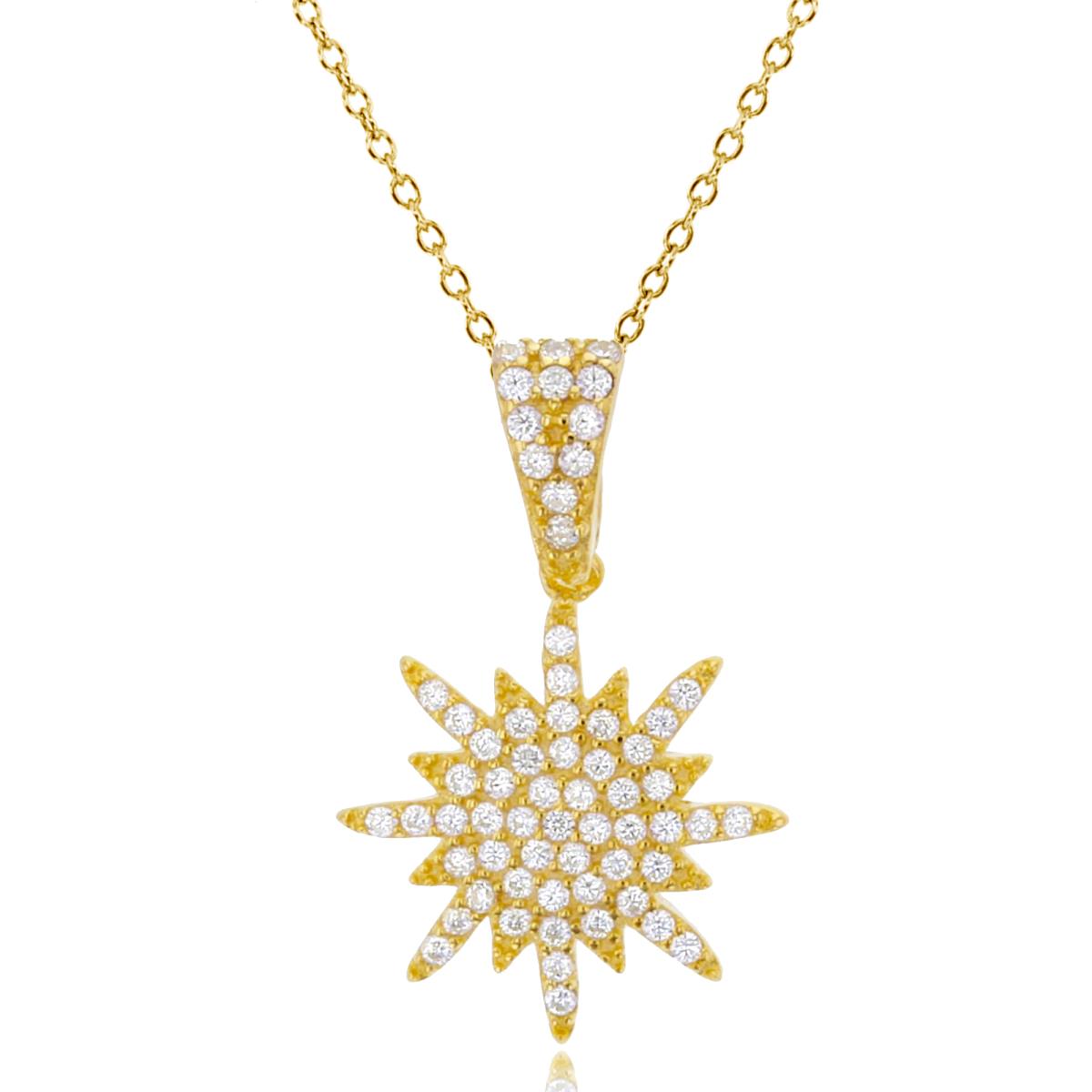 Sterling Silver 1Micron Yellow Gold Rnd White CZ Micropave Snowflake 18" Necklace