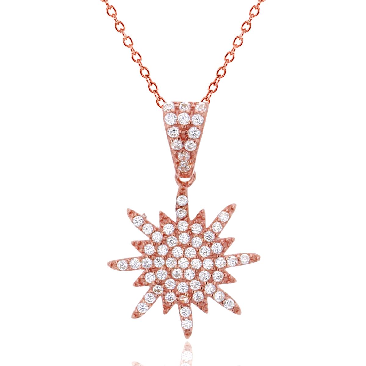 Sterling Silver 1Micron Rose Gold Rnd White CZ Micropave Snowflake 18" Necklace