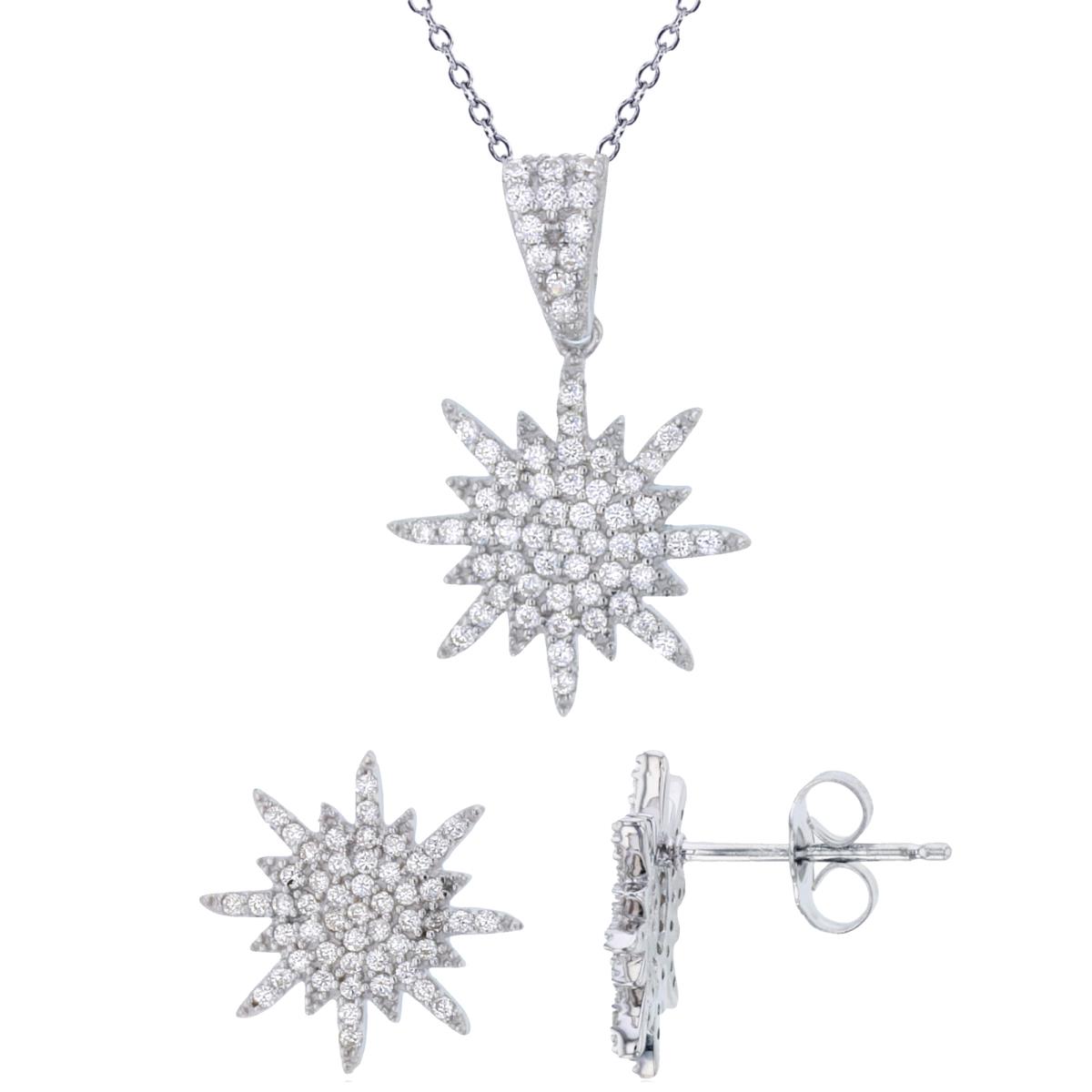 Sterling Silver Rhodium Rnd White CZ Micropave Snowflake 18" Necklace & Earring Set