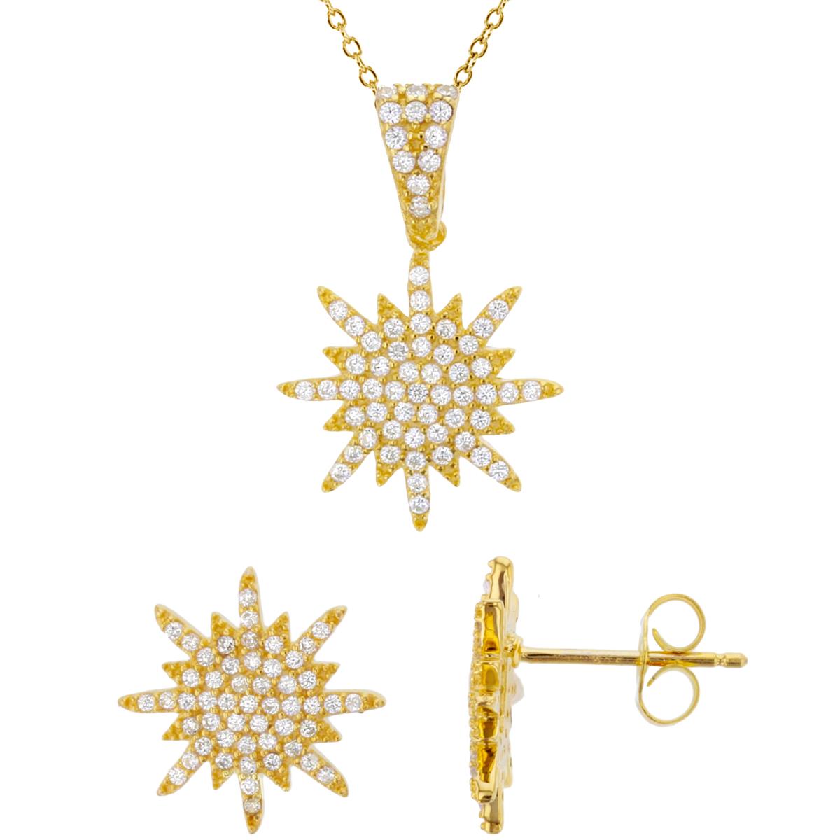 Sterling Silver Yellow Rnd White CZ Micropave Snowflake 18" Necklace & Earring Set