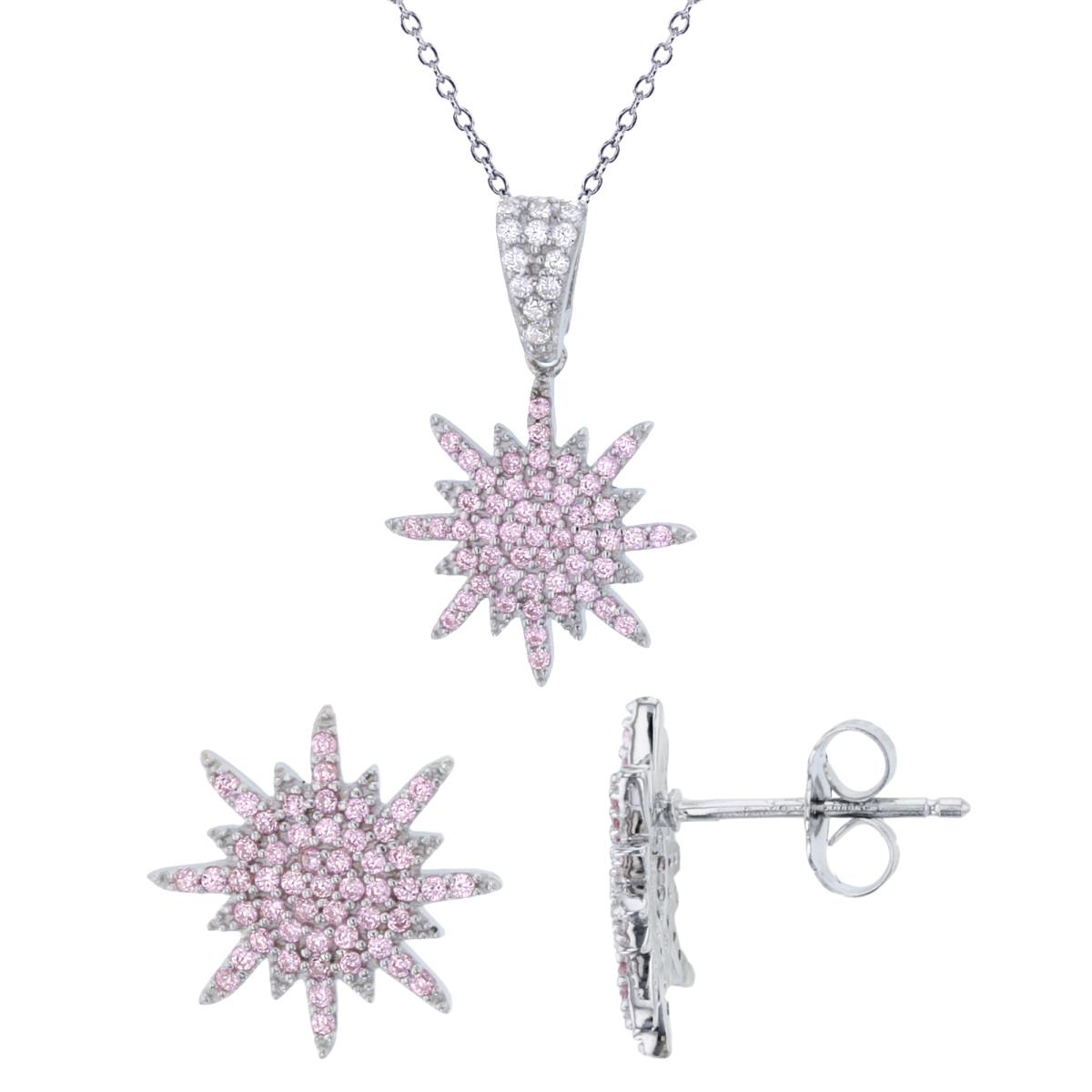 Sterling Silver Rhodium Rnd Pink CZ Micropave Snowflake 18" Necklace & Earring Set