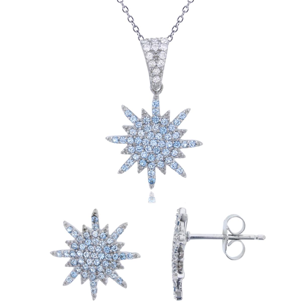 Sterling Silver Rhodium Rnd #119 Blue CZ Micropave Snowflake 18" Necklace & Earring Set
