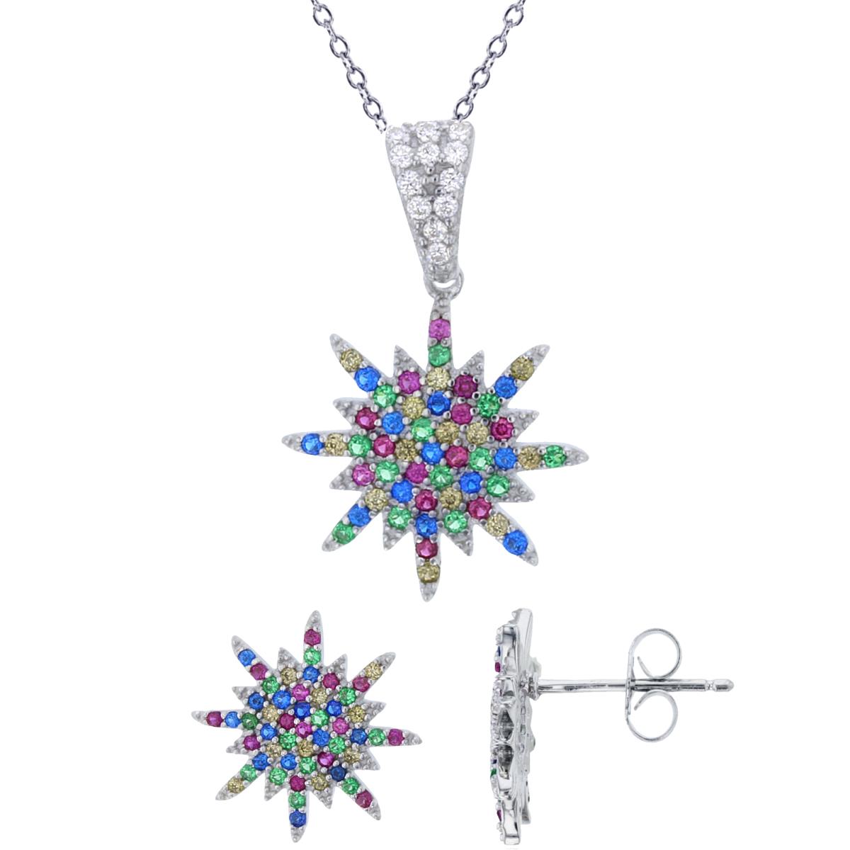 Sterling Silver Rhodium Rnd Multicolor CZ Micropave Snowflake 18" Necklace & Earring Set