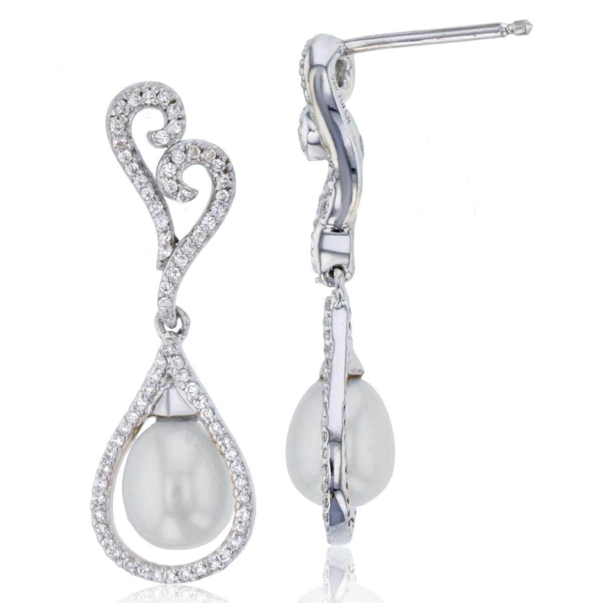 Sterling Silver Rhodium Rd Cr.White Sapphire & 8x6mm TD White Pearl Dangling Earring