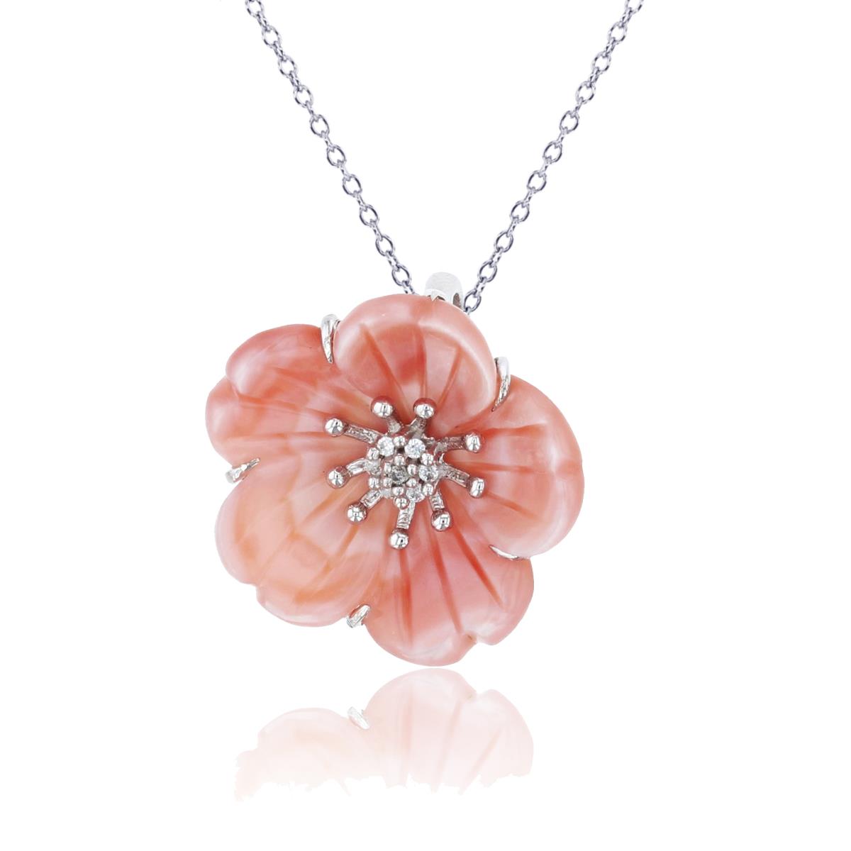 Sterling Silver Rhodium Rnd Cr.White Sapphire & Pink MOP Flower Necklace