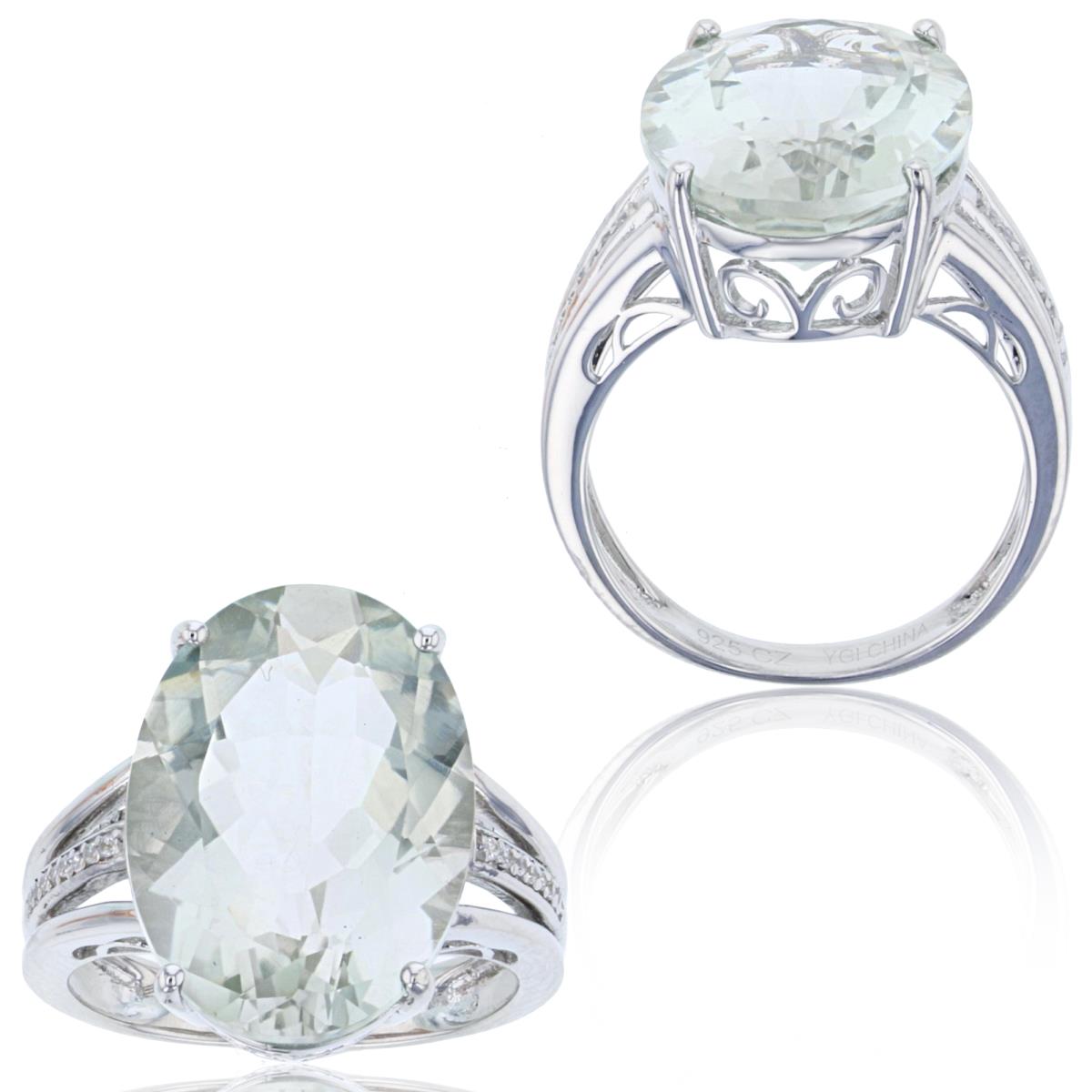 Sterling Silver Rhodium Rd Cr.White Sapphire & 18x13mm Ov Green Amethyst Oval Ring