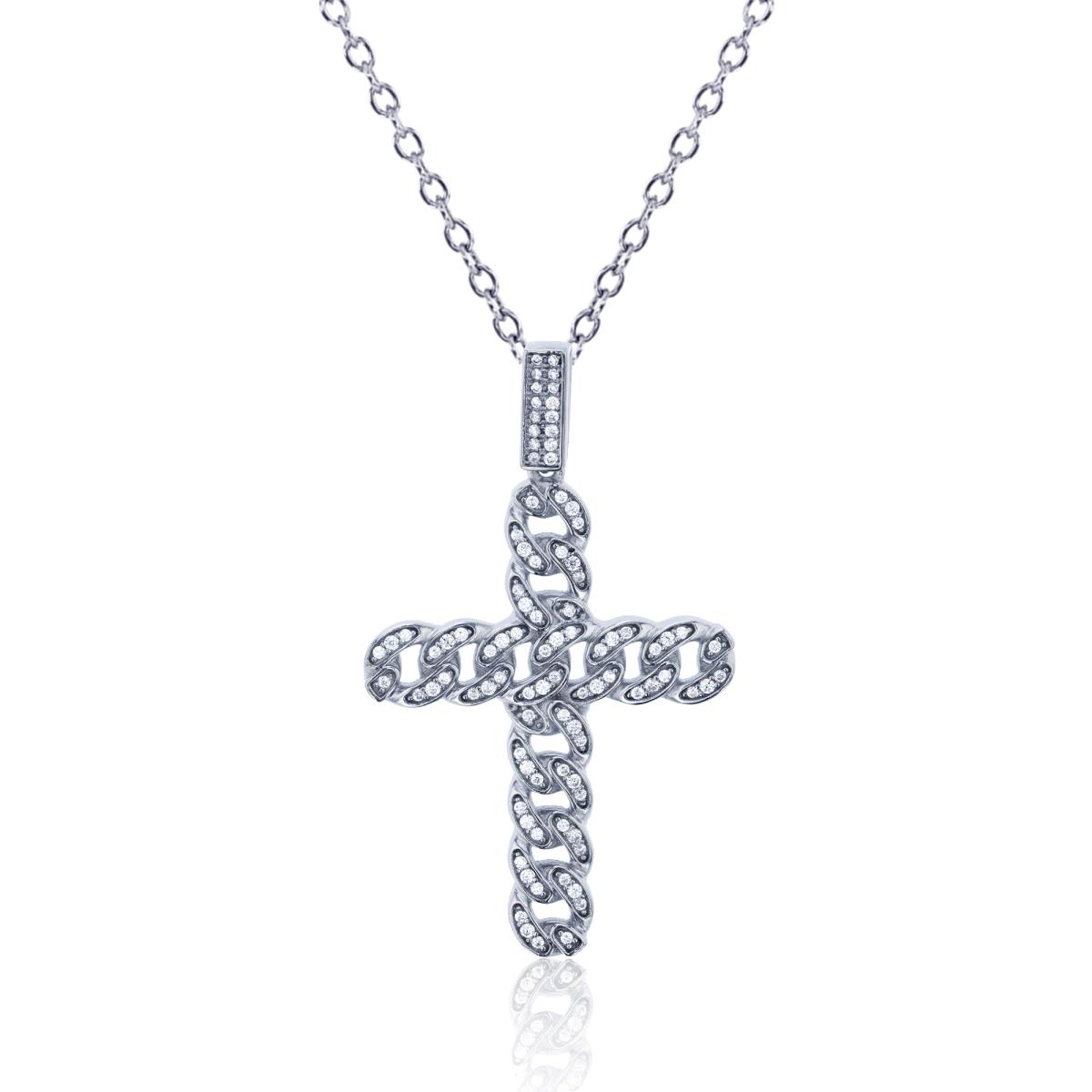 Sterling Silver Rhodium Pave Round CZ Cuban Cross 18" Necklace