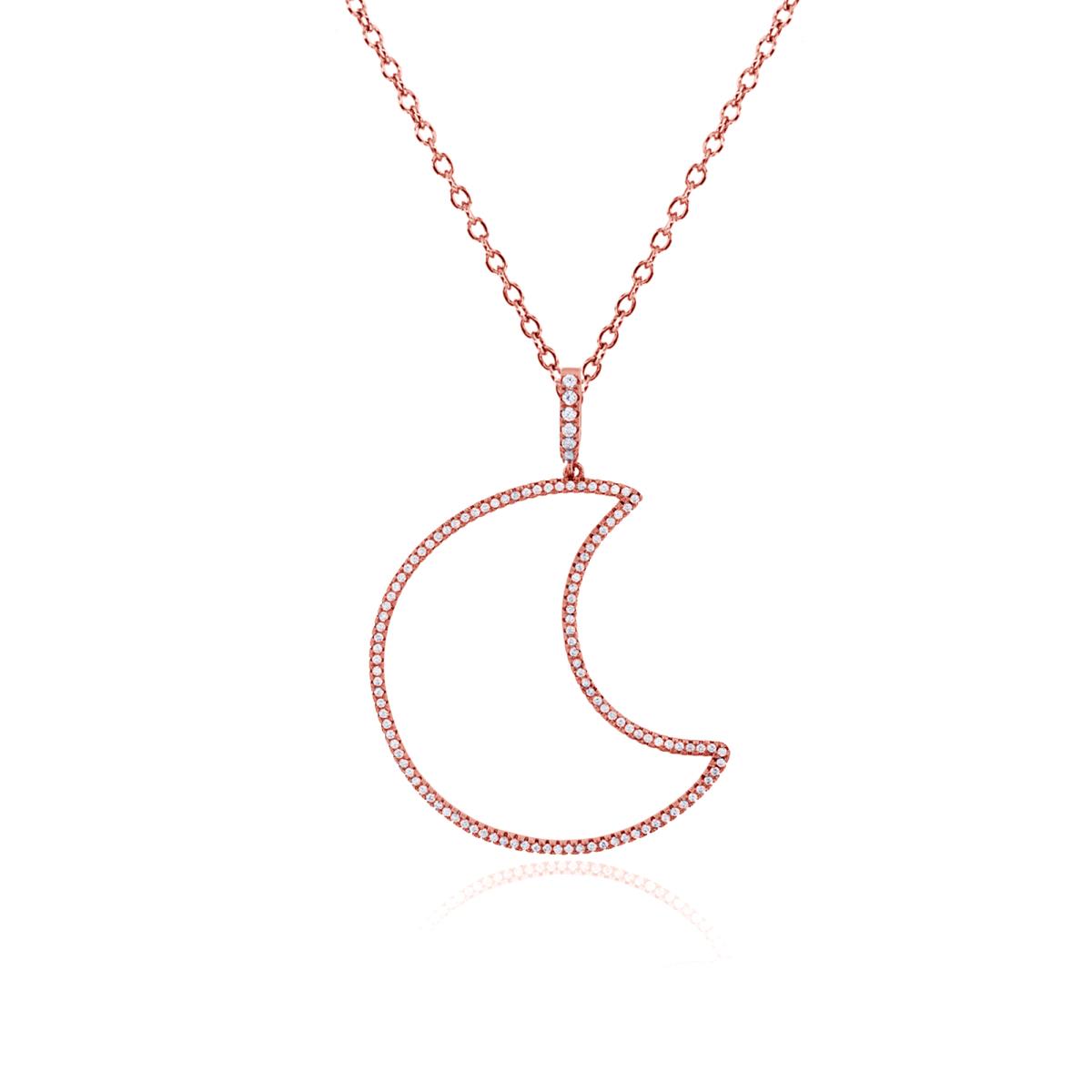 Sterling Silver Rose Micropave Round CZ Crescent Moon Pendant 18" Necklace