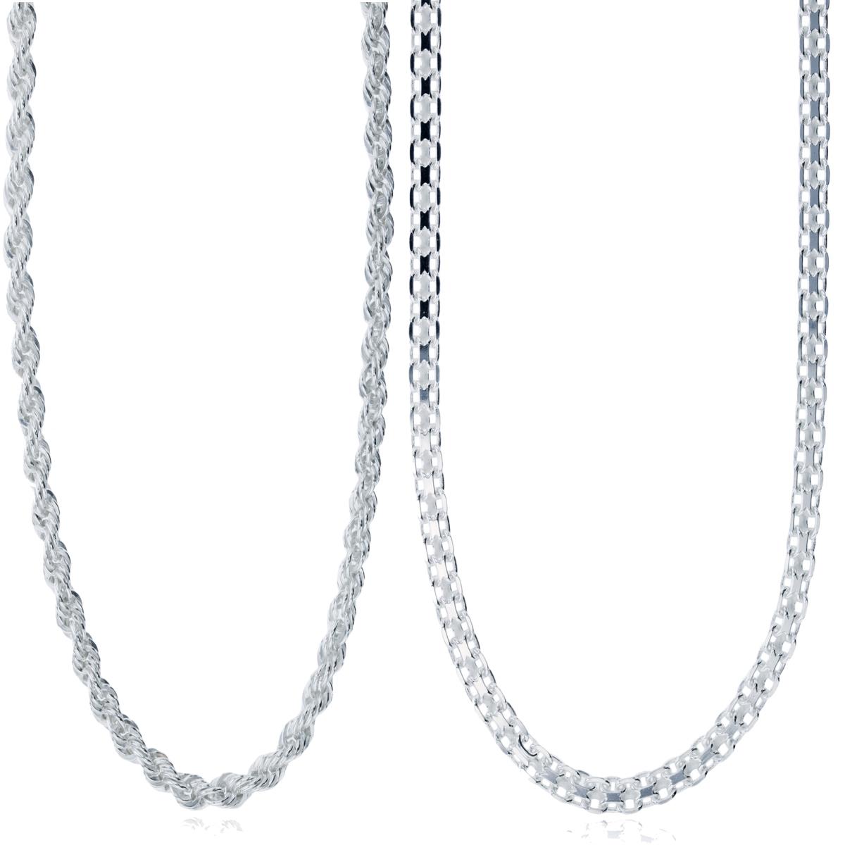 Sterling Silver Anti-Tarnish Silver Plus 4.50mm 18" Rope & Bismark Chain Set