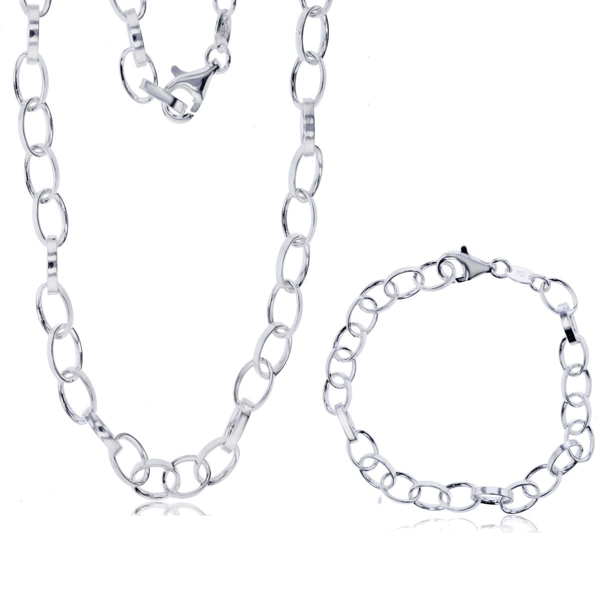 Sterling Silver Anti-Tarnish Silver Plus 6.70mm Oval Elongated Link 7.5" & 18" Chain Set
