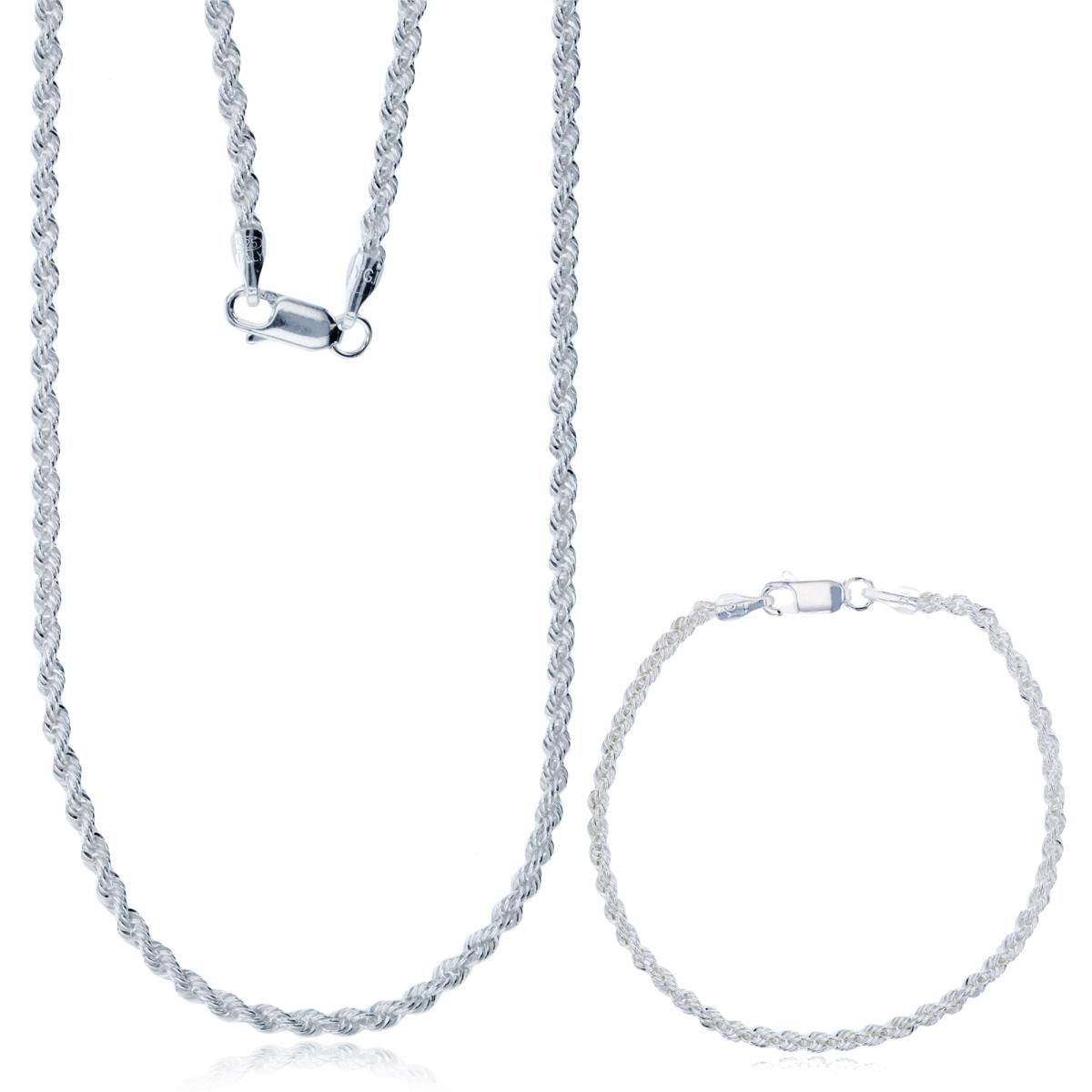 Sterling Silver Anti-Tarnish Silver Plus 2.80mm 7.25" & 18" Rope Chain Set