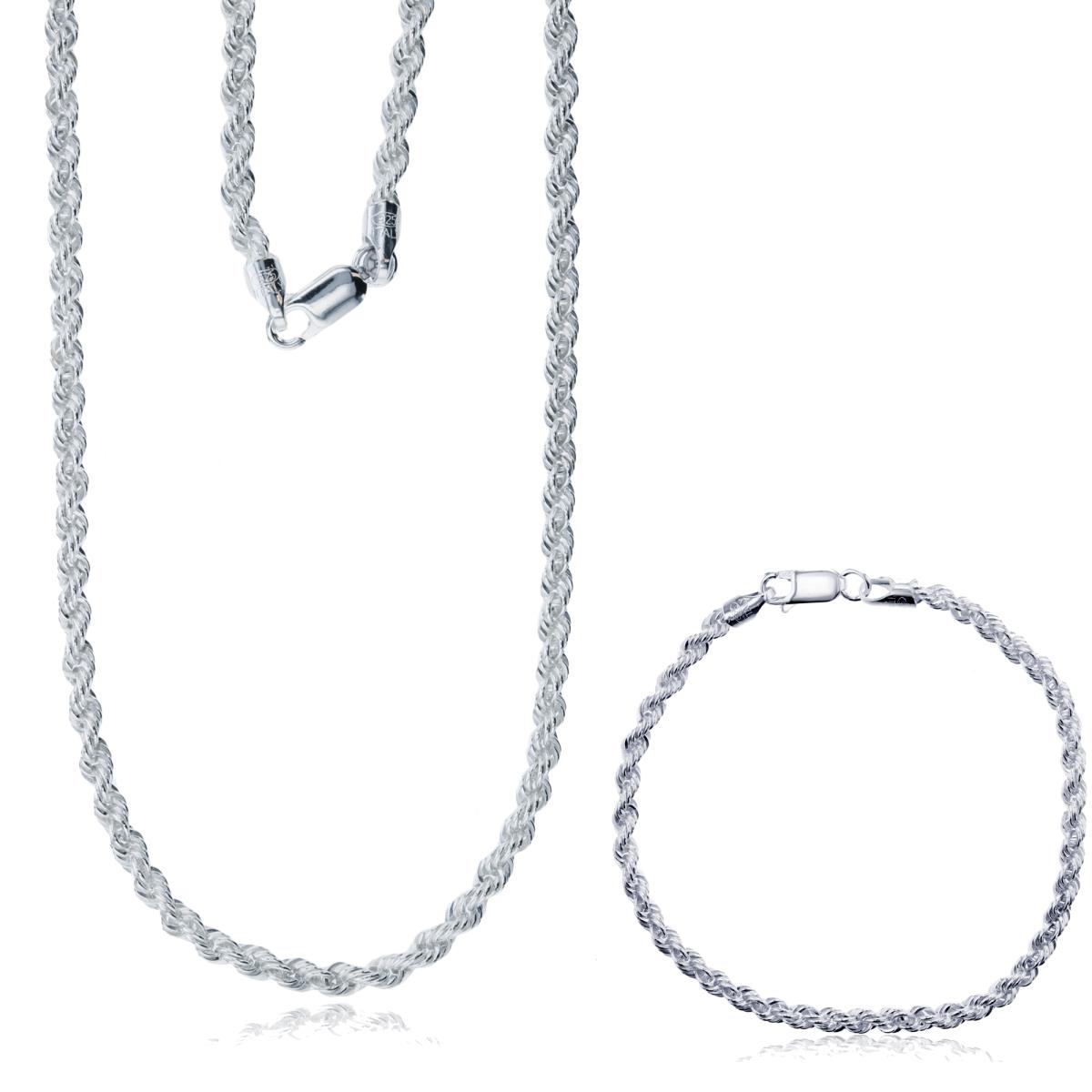 Sterling Silver Anti-Tarnish Silver Plus 3.40mm 7.25" & 18" Rope Chain Set