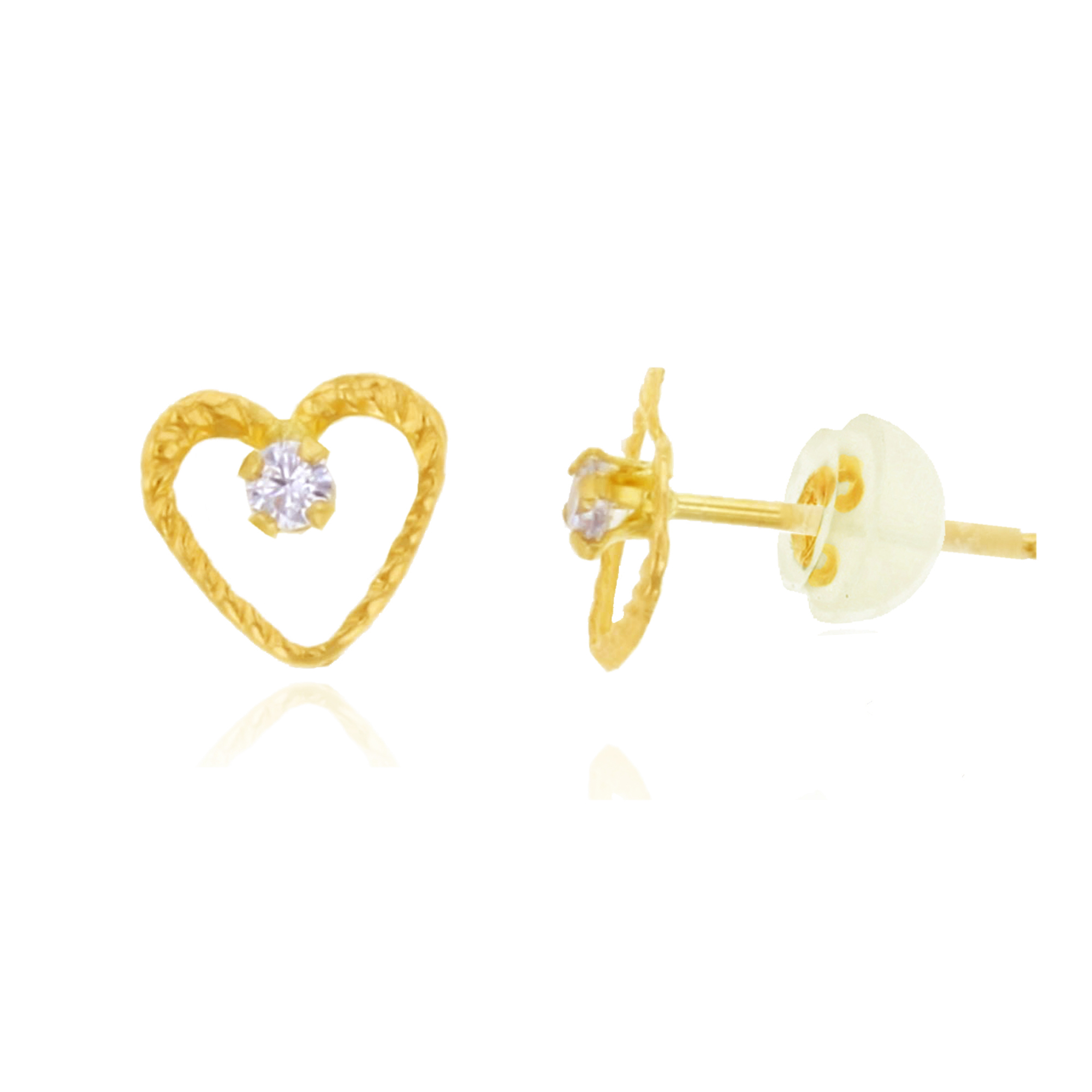 14K Yellow Gold 7.00x6.50mm Open Heart Floating CZ Stud Earring with Silicone Back