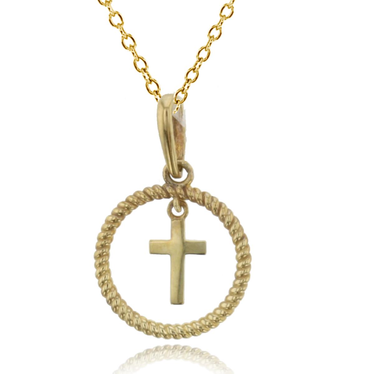 14K Yellow Gold Dangling Cross in Open Textured Circle 13"+2"Necklace