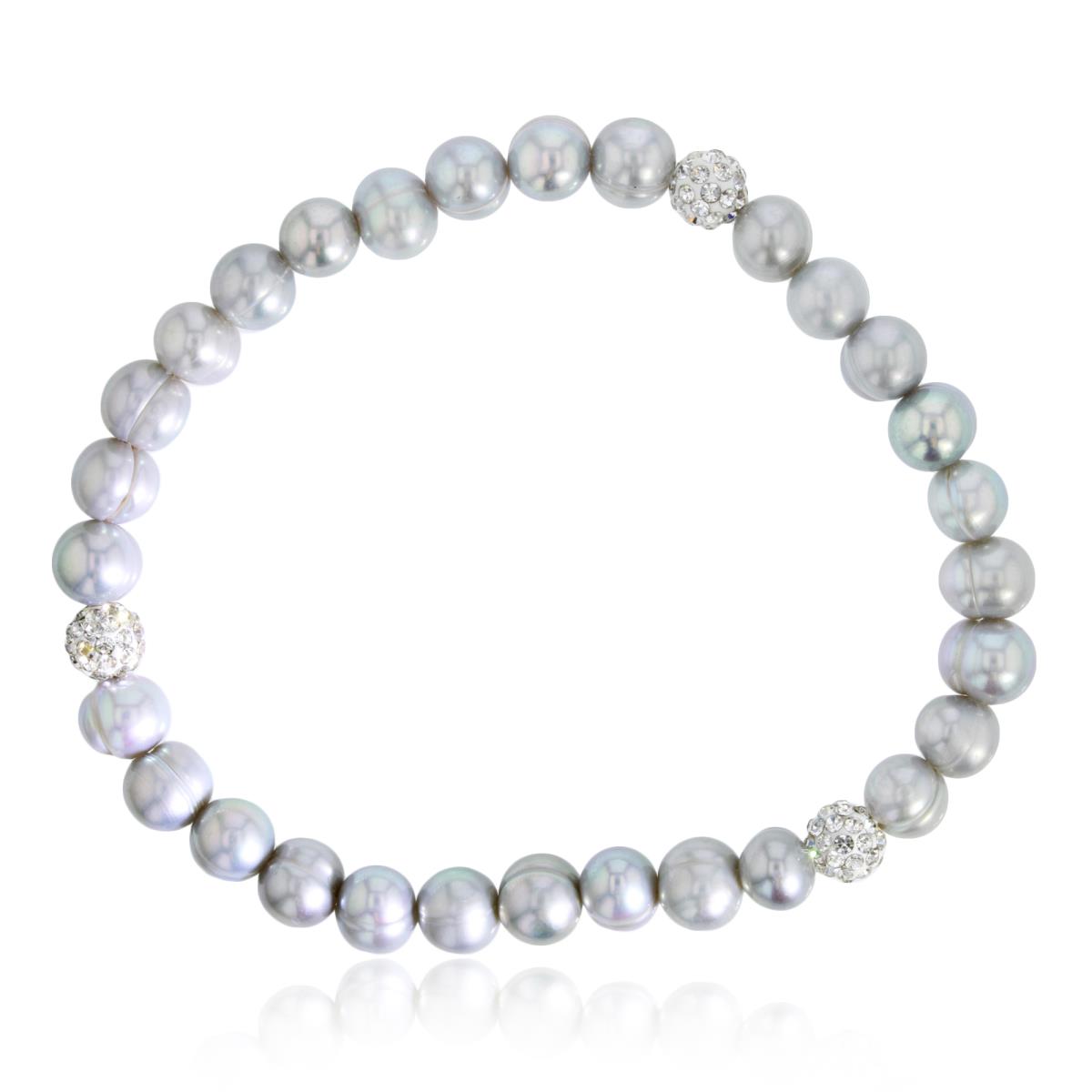 6-7mm Near Round Gray Fresh Water Pearls & Crystal Balls Stretchy Bracelet