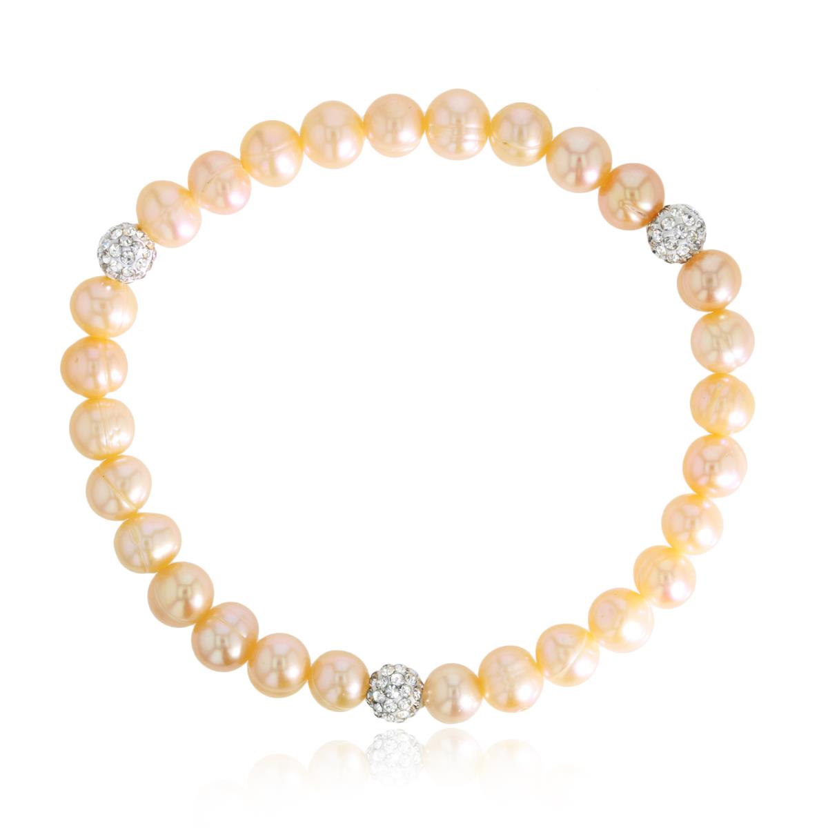 8-9 Near Round Pink Fresh Water Pearls & Crystal Balls Stretch Bracelet