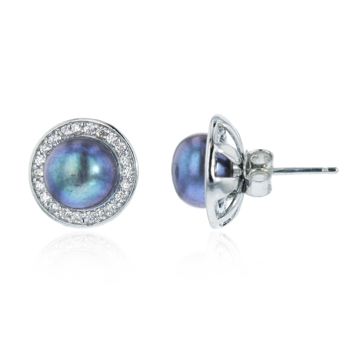 Sterling Silver Rhodium 7-8mm Peacock FWP & CZ Halo Jacket Stud Earring