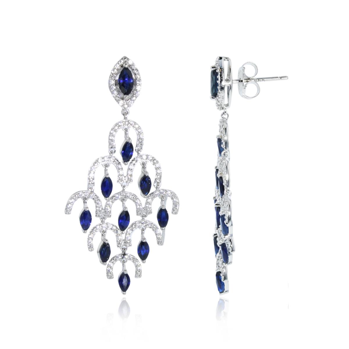 14K White Gold Rd Cz & Mq Blue Sapphire Dangling  Earring