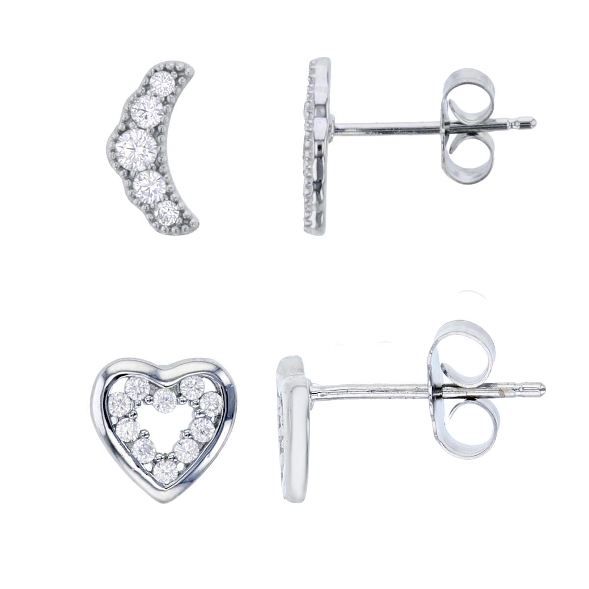 Sterling Silver Rhodium Rnd White CZ Croissant & Heart Stud Earrings Set