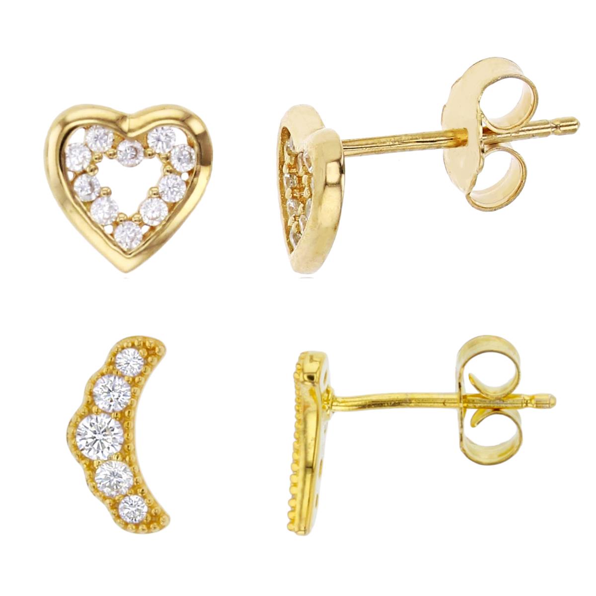 Sterling Silver Yellow Rnd White CZ Croissant & Heart Stud Earrings Set