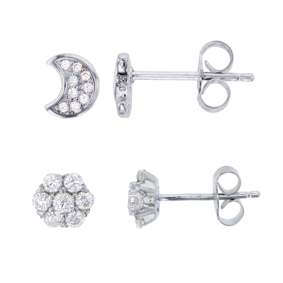 Sterling Silver Rhodium Rnd White CZ Moon & Cluster Stud Earrings Set 
