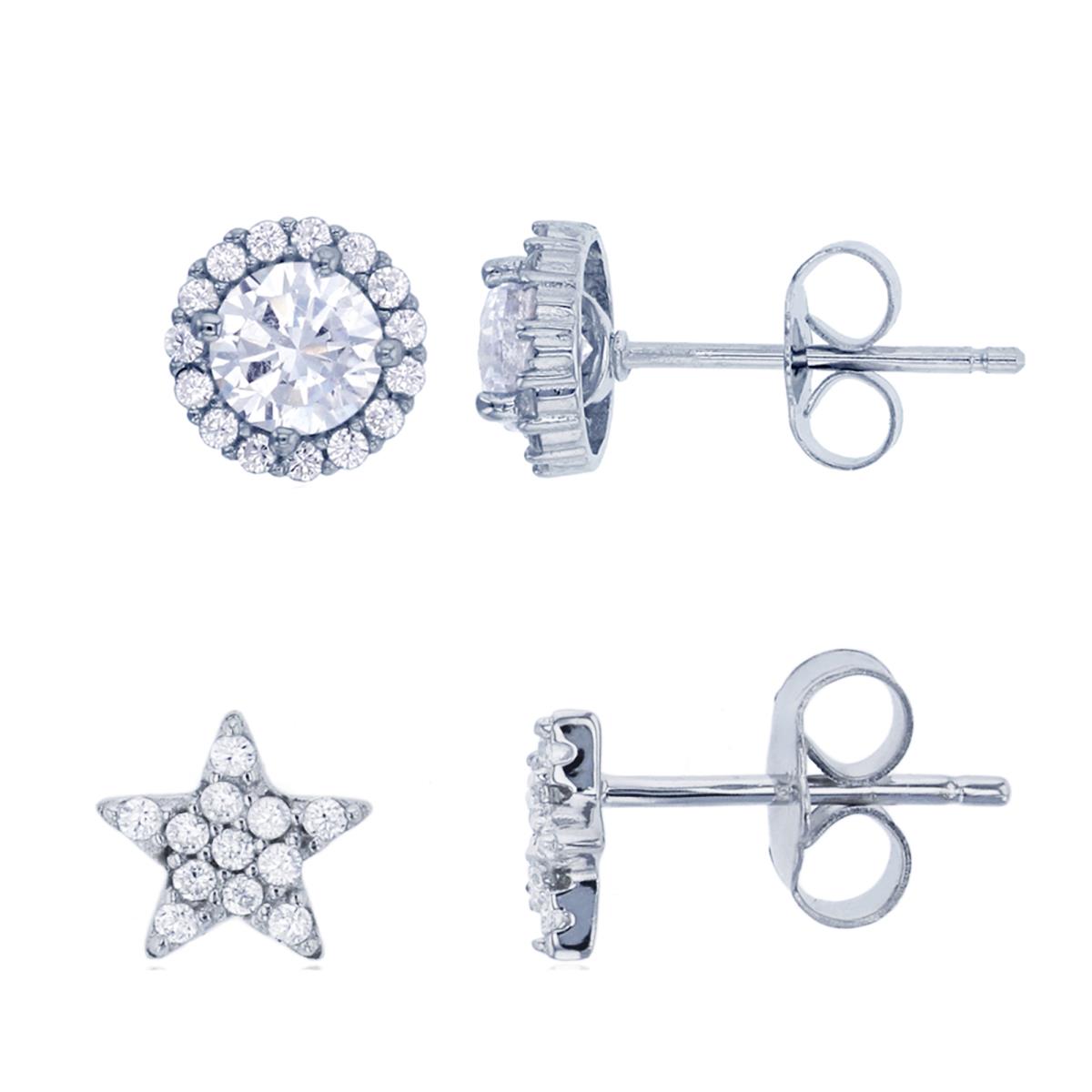 Sterling Silver Rhodium Rd White CZ Halo & Star Stud Earrings Set