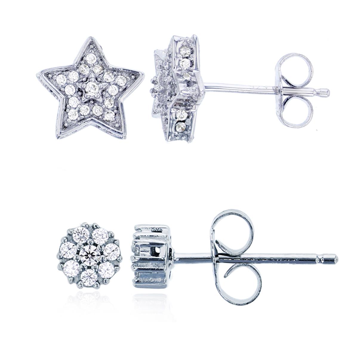 Sterling Silver Rhodium Micropave Rd CZ Cluster & Star Stud Earrings Kit